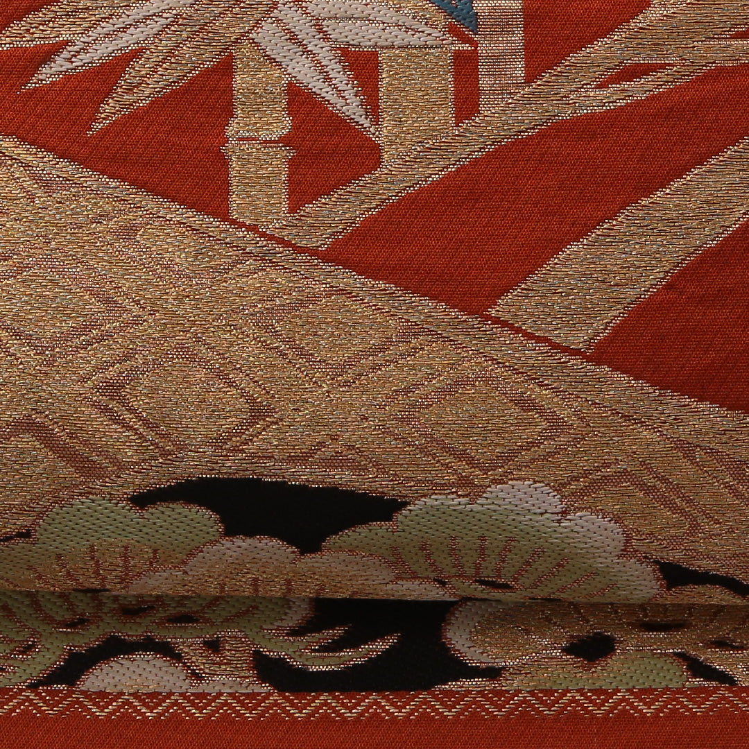 袋帯 帯丈400cm フォーマル 六通 未仕立て 帯芯なし Cランク 正絹 菱 菊 笹 朱系 金系 1223-01902