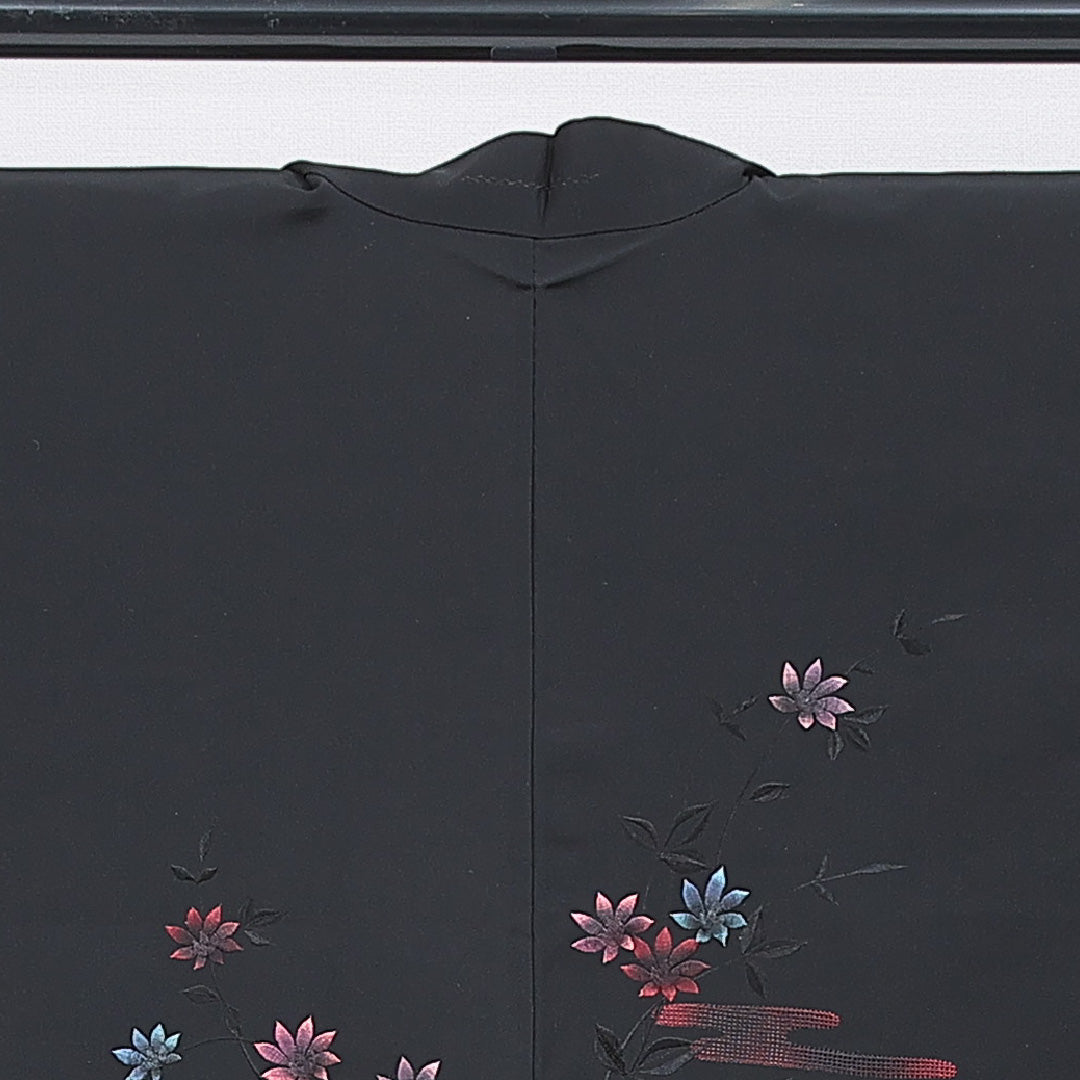 黒羽織 袷 身丈82cm 裄丈63cm 正絹 Sランク インフォーマル Sサイズ 刺繍 花柄 黒系 RP 1233-16825