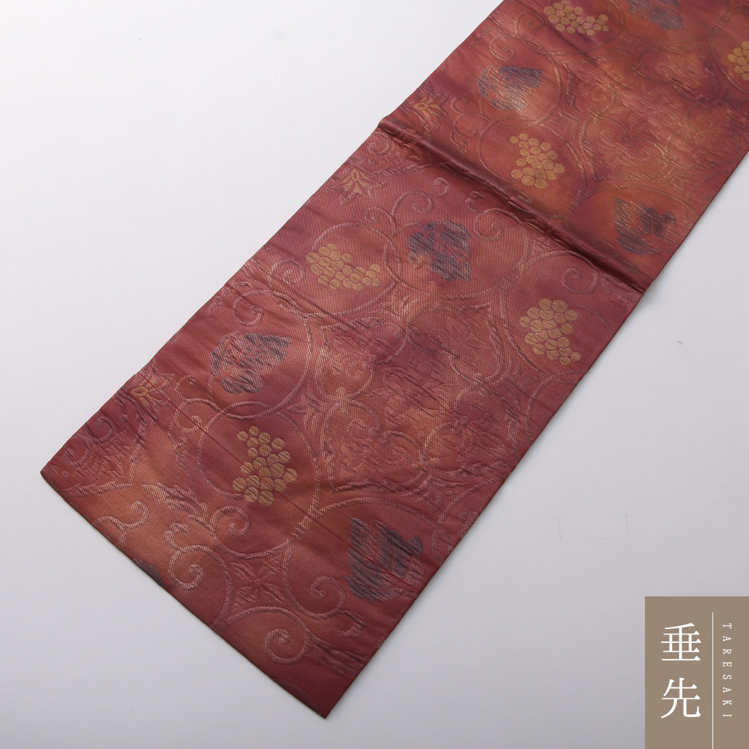 新古品 九寸名古屋帯 帯丈354cm カジュアル 名古屋仕立て 六通 Nランク 正絹 ふくれ織 葡萄 しつけ糸 茶系 1224-03459