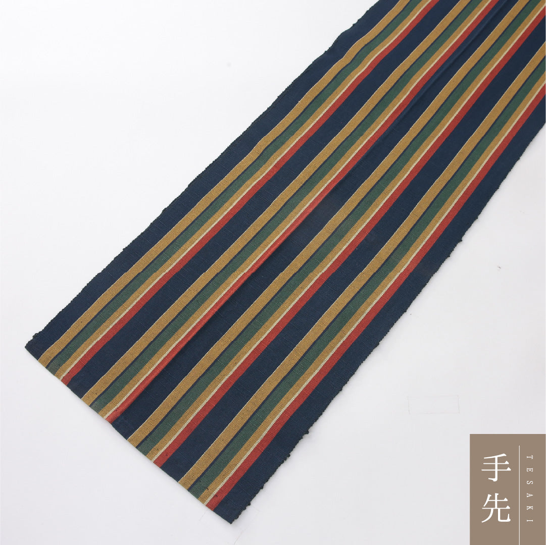 八寸名古屋帯 Aランク 帯丈448cm 正絹 全通 開き仕立て 織り カジュアル 紬 縞 多色系 RP 1245-04094