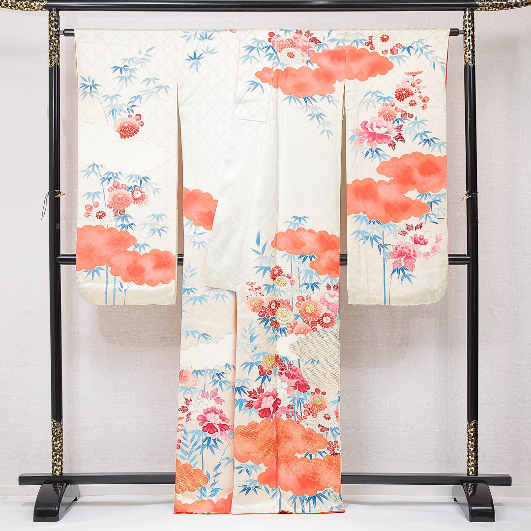 振袖 袷 身丈162cm 裄丈64cm フォーマル Cランク Lサイズ 正絹 広衿 雲 牡丹 笹 1213-F0669