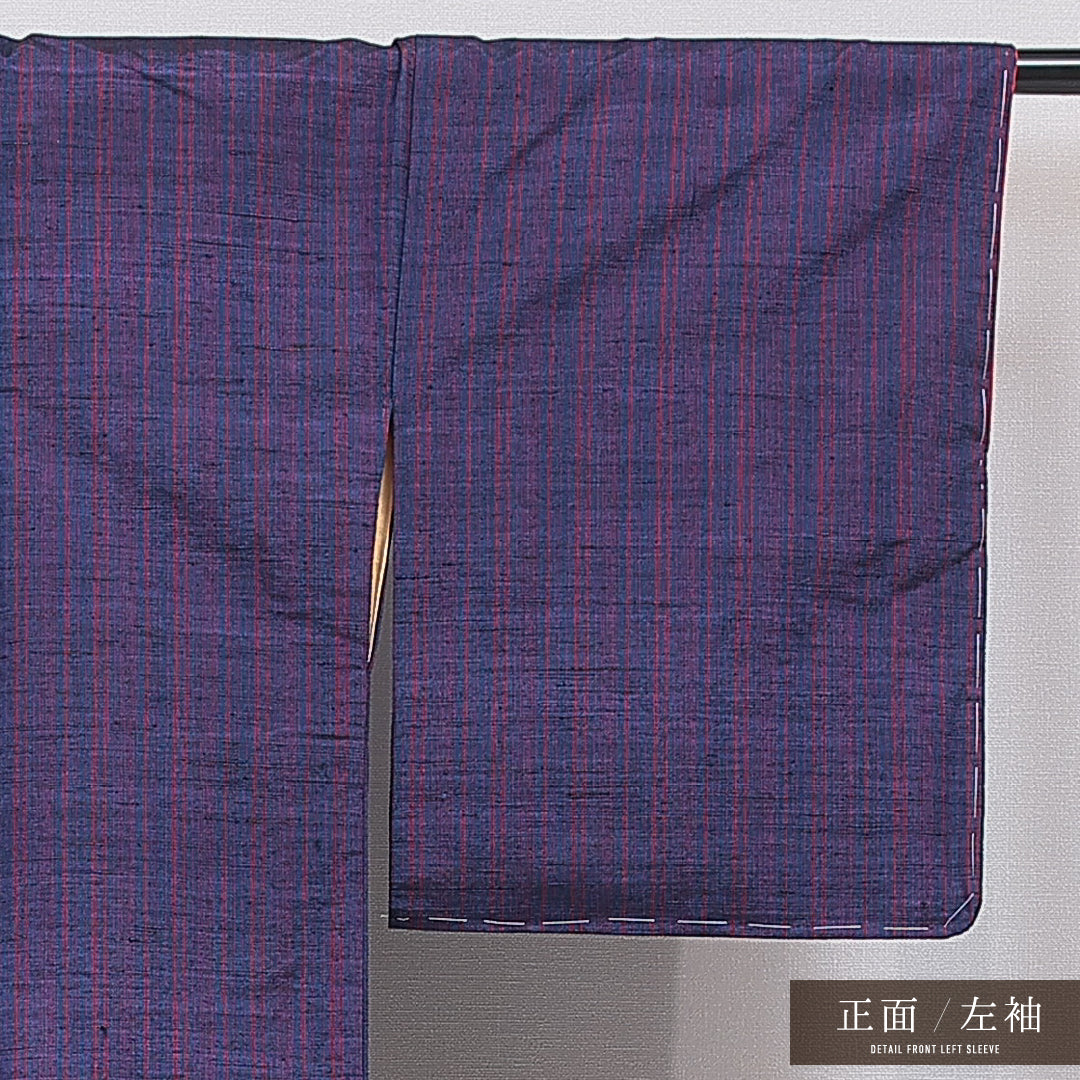 紬 袷 身丈160cm 裄丈65cm 正絹 Aランク カジュアル 広衿 Lサイズ 縞 紺系 RP 1223-16652