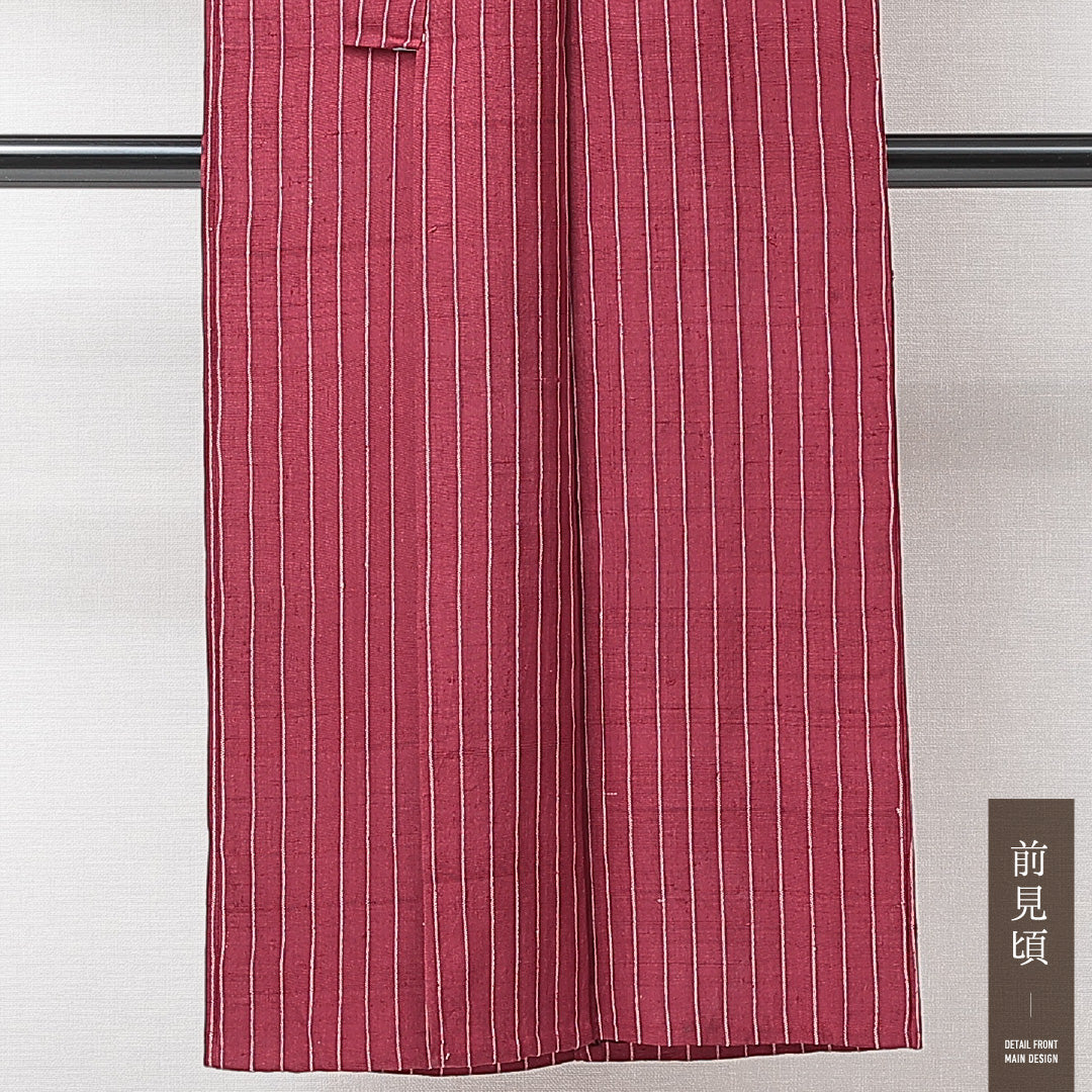 紬 袷 身丈138cm 裄丈58cm 正絹 Cランク XSサイズ バチ衿 カジュアル 居敷当て 肩当て 縞 赤系 1216-15232