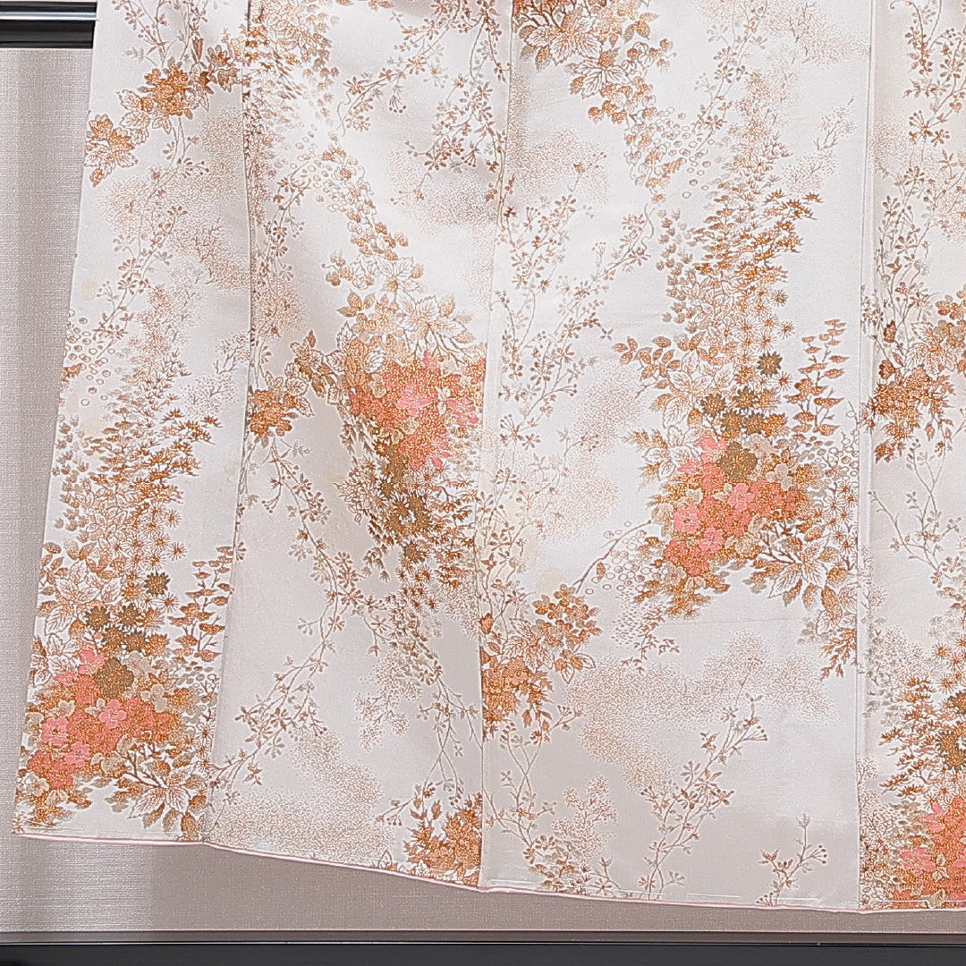 お召 袷 身丈152cm 裄丈63cm 正絹 Cランク Sサイズ 広衿 インフォーマル 牡丹 白系 金系 1265-15742