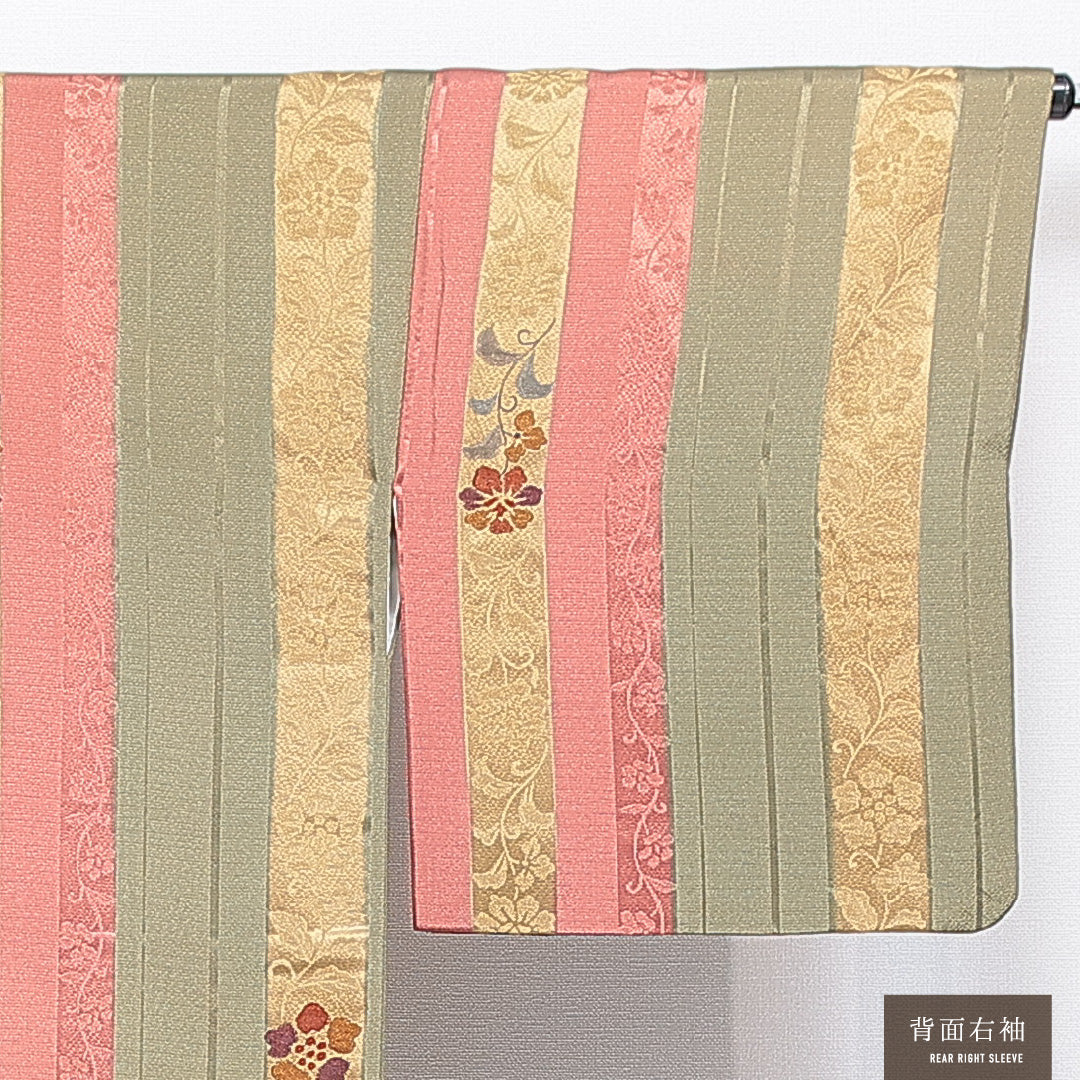 道行コート 袷 身丈91cm 裄丈65cm 正絹 Sランク カジュアル Mサイズ 織り出し ポケットあり 花柄 緑系 RP 1237-16804