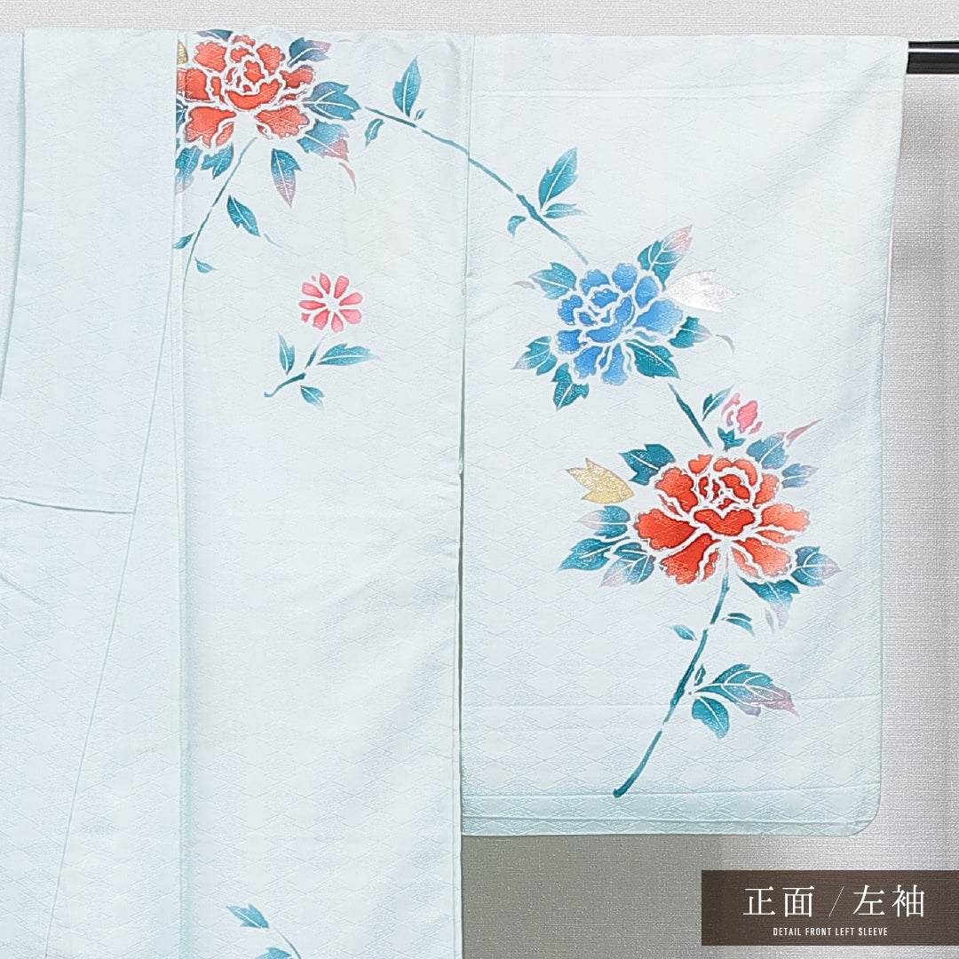 訪問着 袷 身丈159cm 裄丈63cm 正絹 Cランク セミフォーマル 広衿 Mサイズ 刺繍 牡丹 吉祥文様 水色系 LP 1217-15944