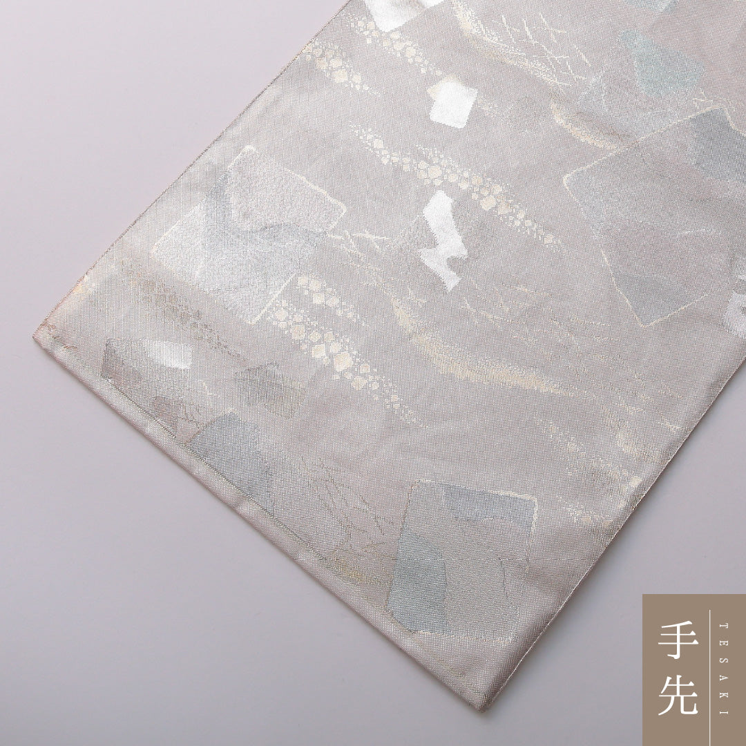 袋帯 帯丈444cm フォーマル 六通 Aランク 正絹 創作柄 銀系 ピンク系 1223-01975