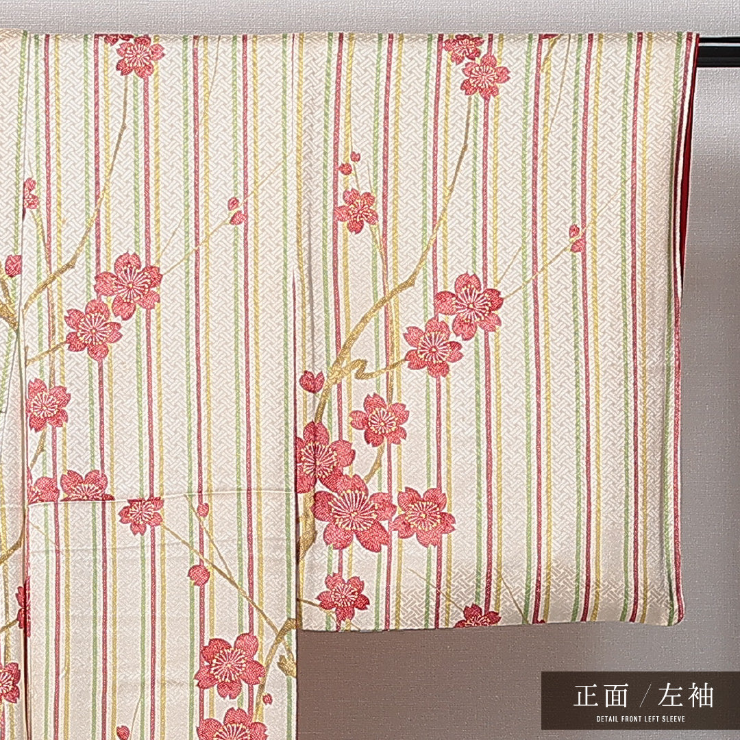 小紋 袷 身丈155cm 裄丈62cm レーヨン Cランク インフォーマル 広衿 Mサイズ 証紙 縞 桜 クリーム系 LP 1221-15009