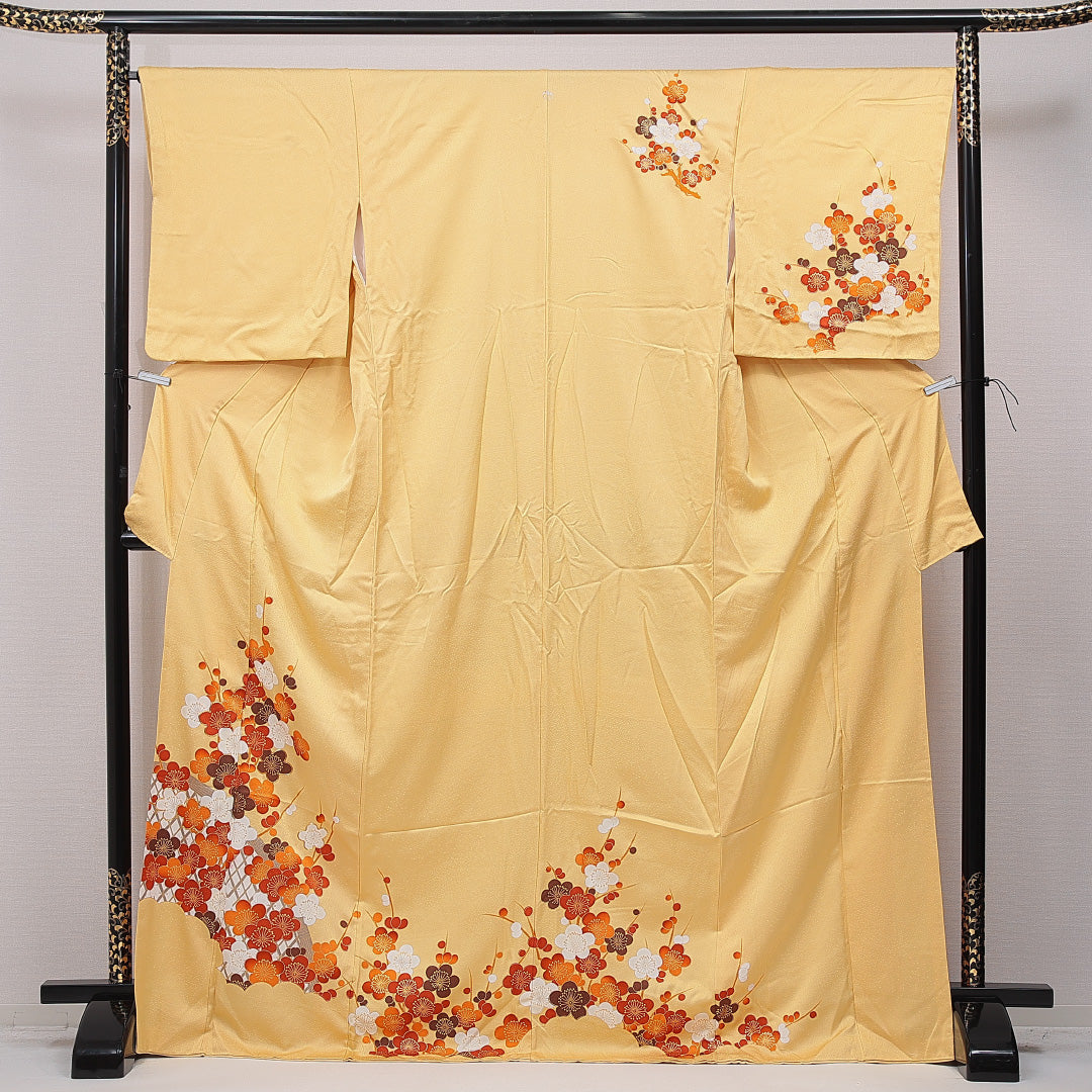 訪問着 袷 身丈173cm 裄丈65cm 正絹 Cランク 2XLサイズ 広衿 一つ紋（五三桐） セミフォーマル 梅 黄系 1212-15752