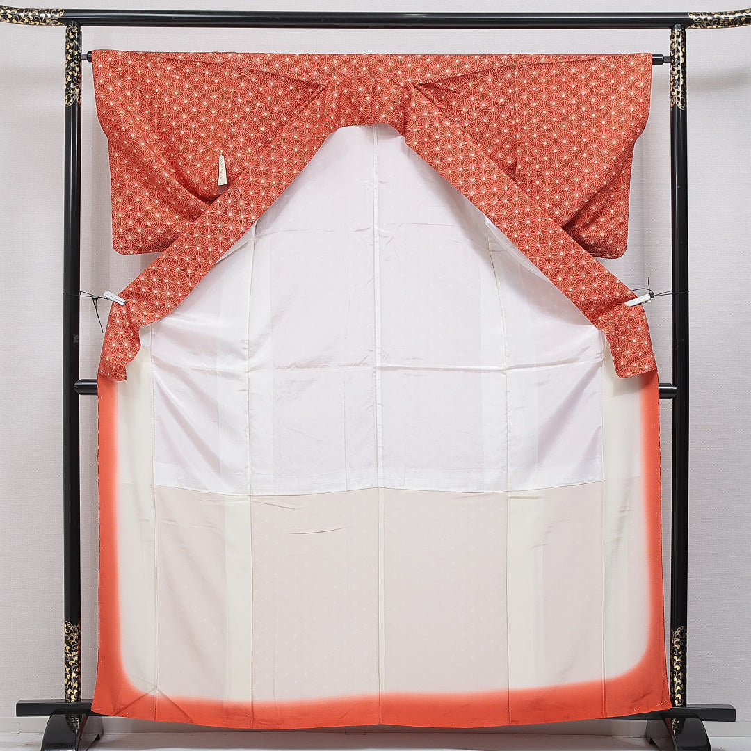 小紋 袷 身丈164cm 裄丈64cm 正絹 Sランク インフォーマル 広衿 Lサイズ 菊 朱系 RP 1221-16041