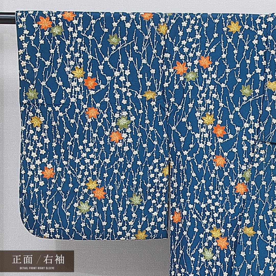 小紋 袷 身丈167cm 裄丈64cm 正絹 Bランク インフォーマル 広衿 XLサイズ 菊 楓 青系 HP 1221-15938