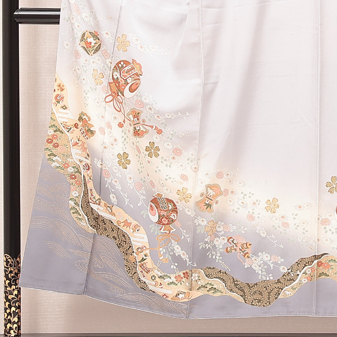 訪問着 袷 身丈150cm 裄丈62cm 正絹 Sランク Sサイズ 広衿 一つ紋（丸に九曜） セミフォーマル 小槌 吉祥文様 金駒刺繍 グレー系 1212-16878