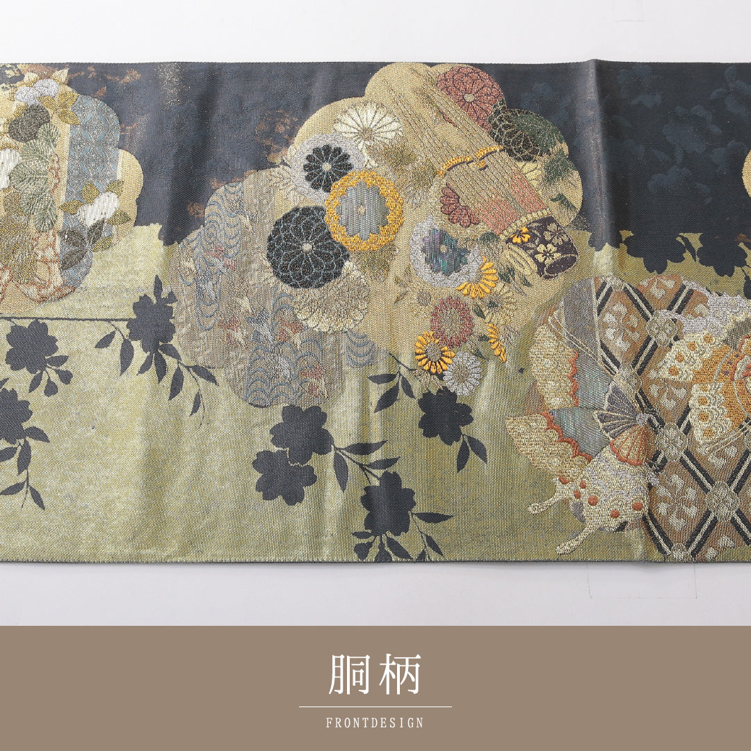 袋帯 帯丈440cm 正絹 六通 フォーマル 研き出し引箔袋 楽器 吉祥文様 紺系 金系 1243-02103