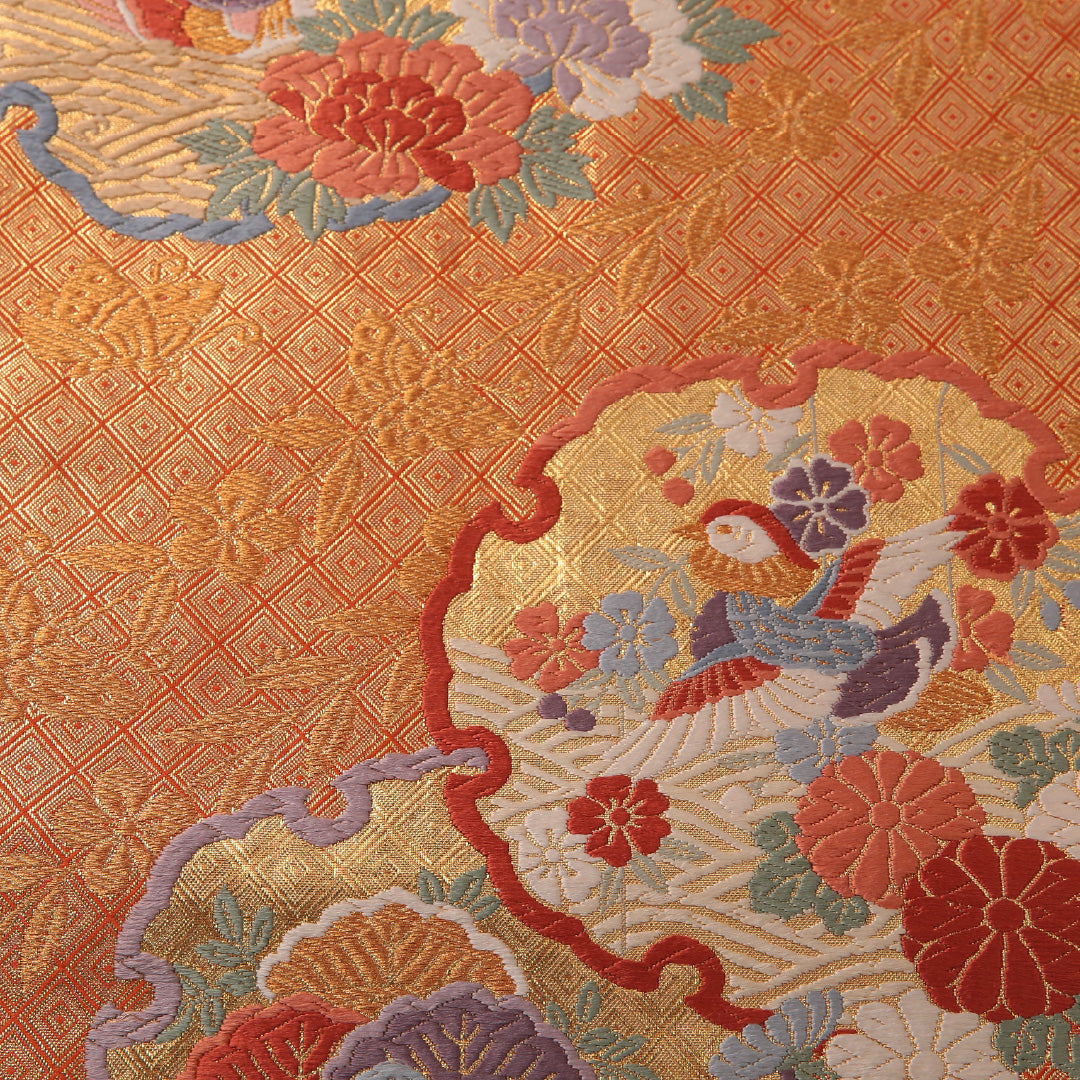 袋帯 帯丈428cm フォーマル 六通 Sランク 正絹 鳥 雪輪 金系 1223-01881