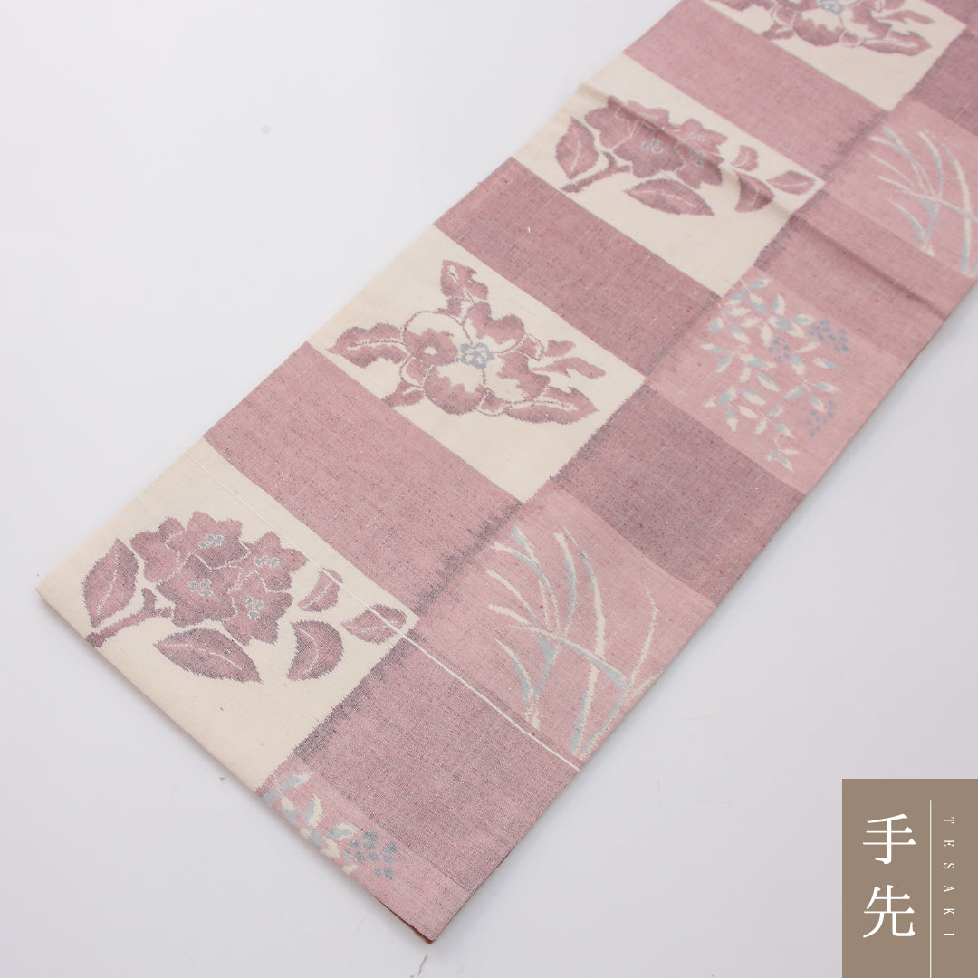 袋帯（紬） 帯丈428cm 正絹 全通 カジュアル 花柄 植物柄 ピンク系 1243-02318