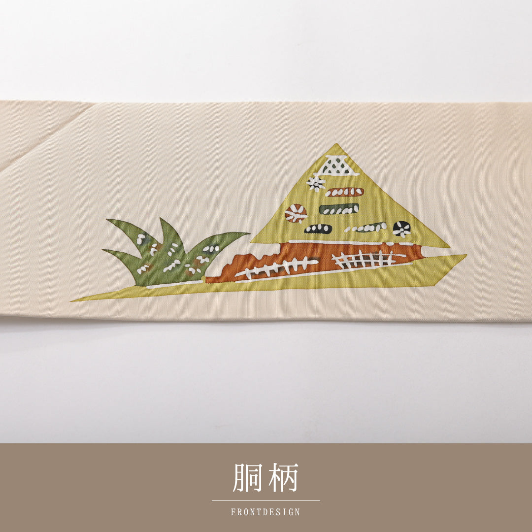 九寸名古屋帯 帯丈334cm カジュアル 名古屋仕立て ポイント柄 Bランク 正絹 染め帯 塩瀬 茶屋辻 クリーム系 1224-03827