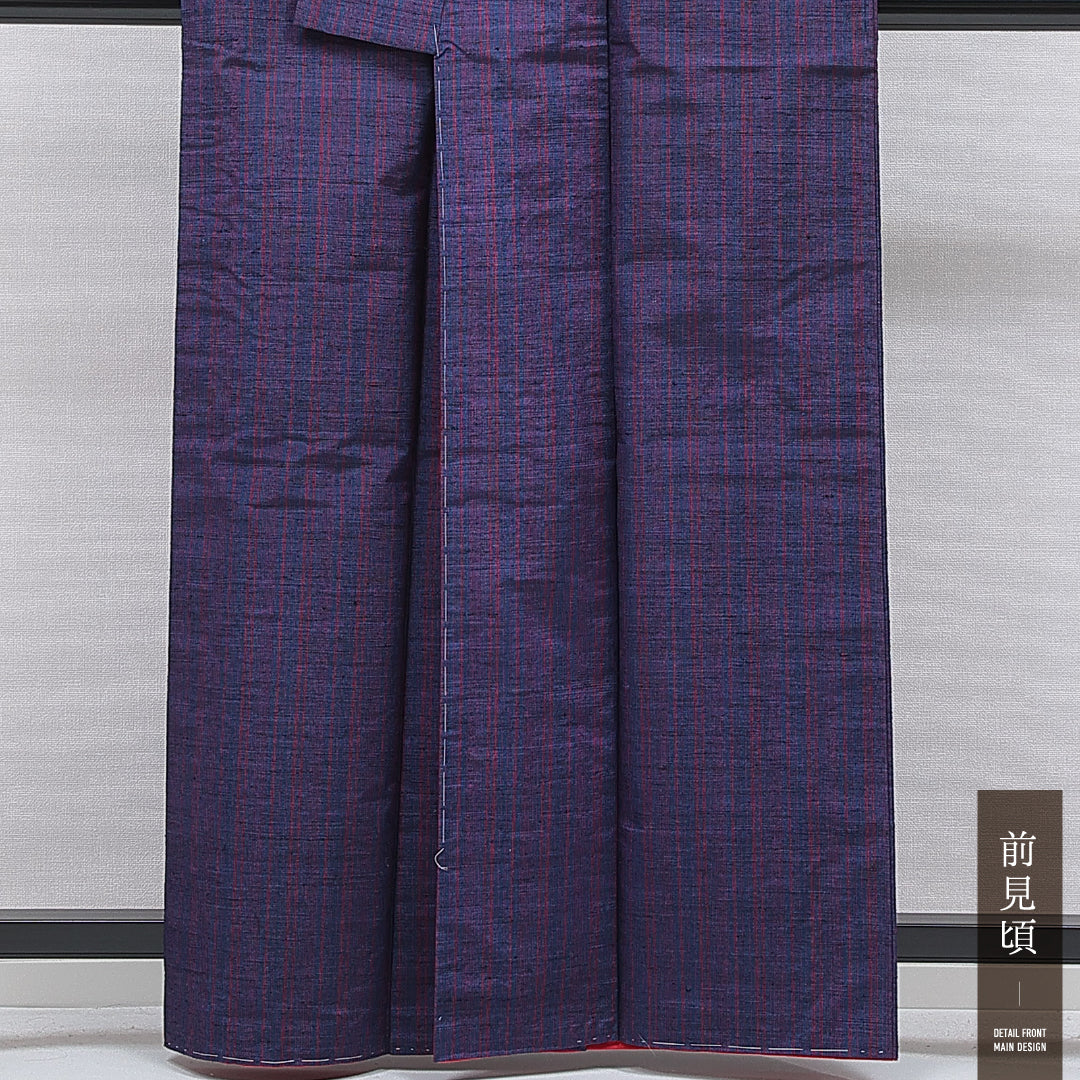 紬 袷 身丈160cm 裄丈65cm 正絹 Aランク カジュアル 広衿 Lサイズ 縞 紺系 RP 1223-16652