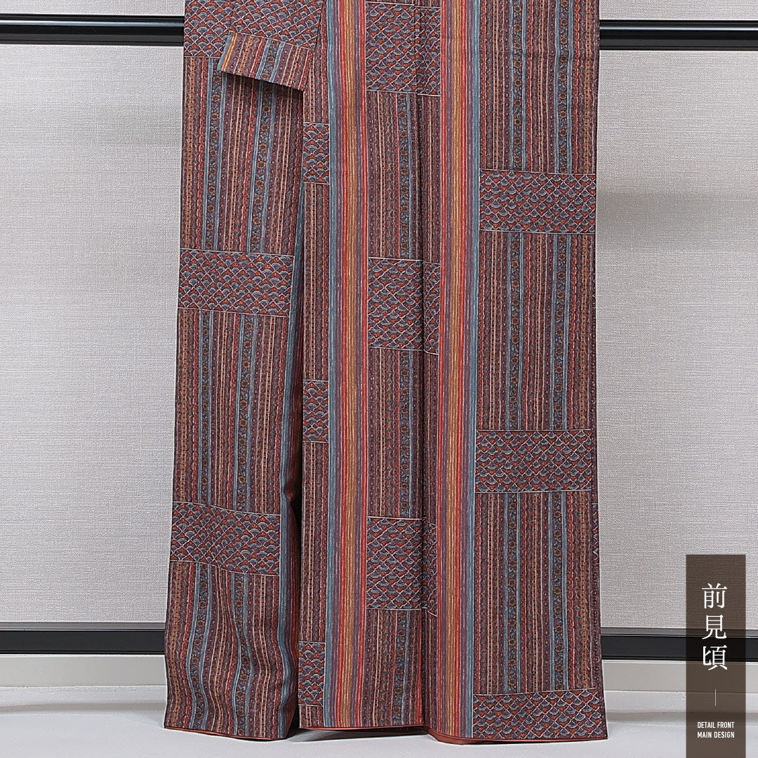 小紋 袷 身丈163cm 裄丈63cm 正絹 Sランク Lサイズ 広衿 インフォーマル 創作柄 多色系 1215-15487