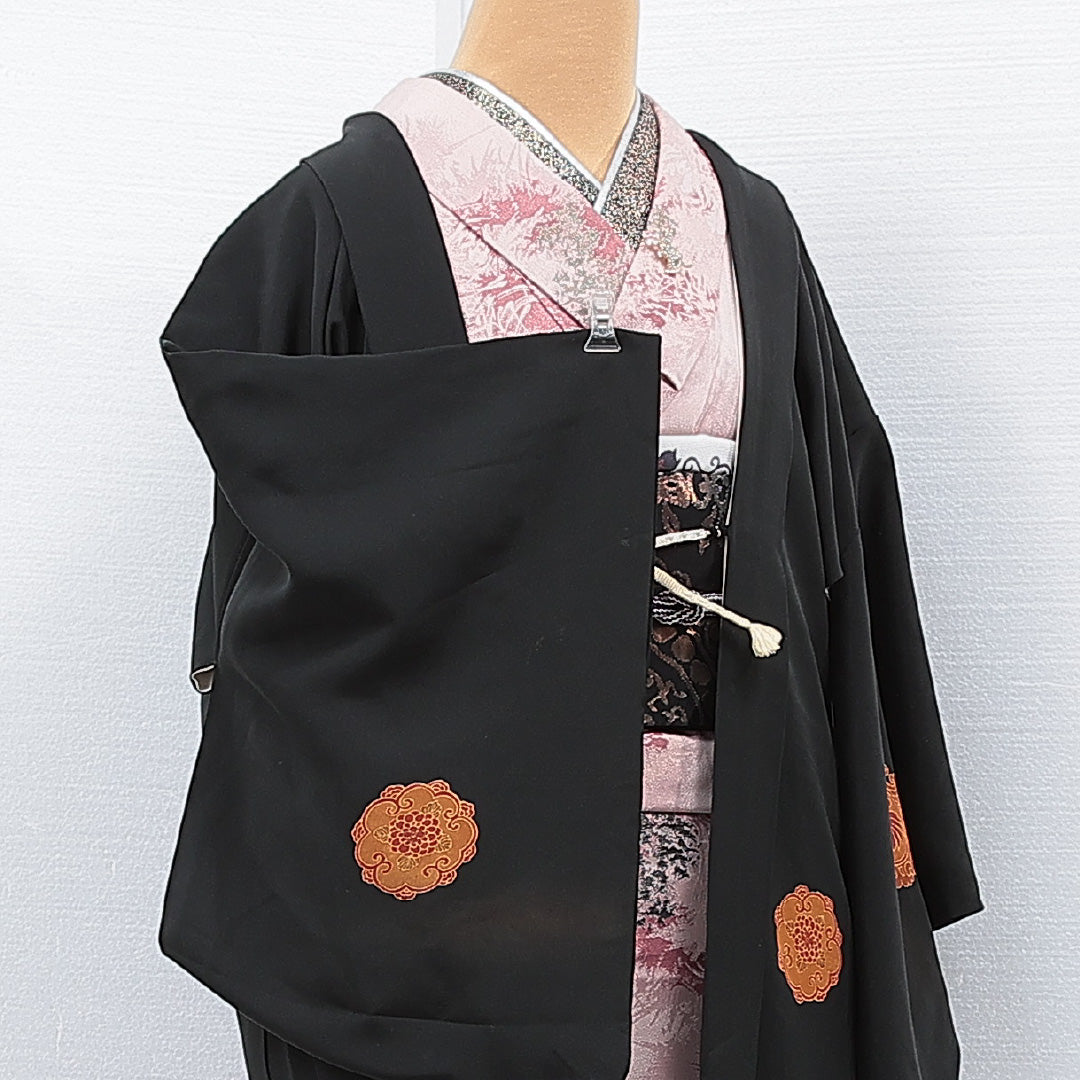 黒羽織 袷 身丈83cm 裄丈63cm 正絹 Cランク 一つ紋 (梅鉢) セミフォーマル Sサイズ ぼかし染 紐あり 鳳凰 黒系 LP 1233-15305