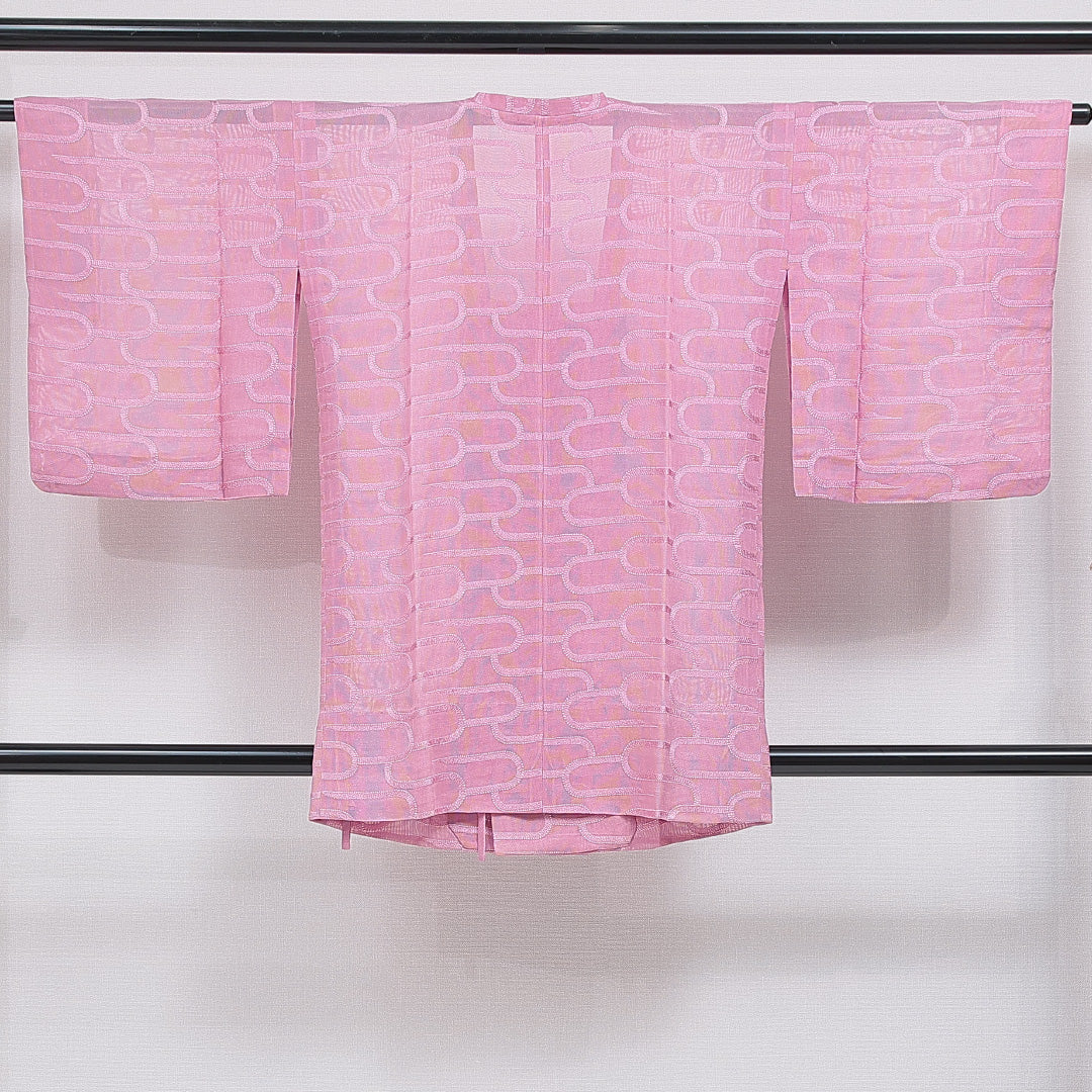道行コート 夏物 洗える着物 紗 身丈88cm 裄丈61cm ポリエステル Sランク Sサイズ フォーマル 幾何学柄 落款 ピンク系 1263-16184