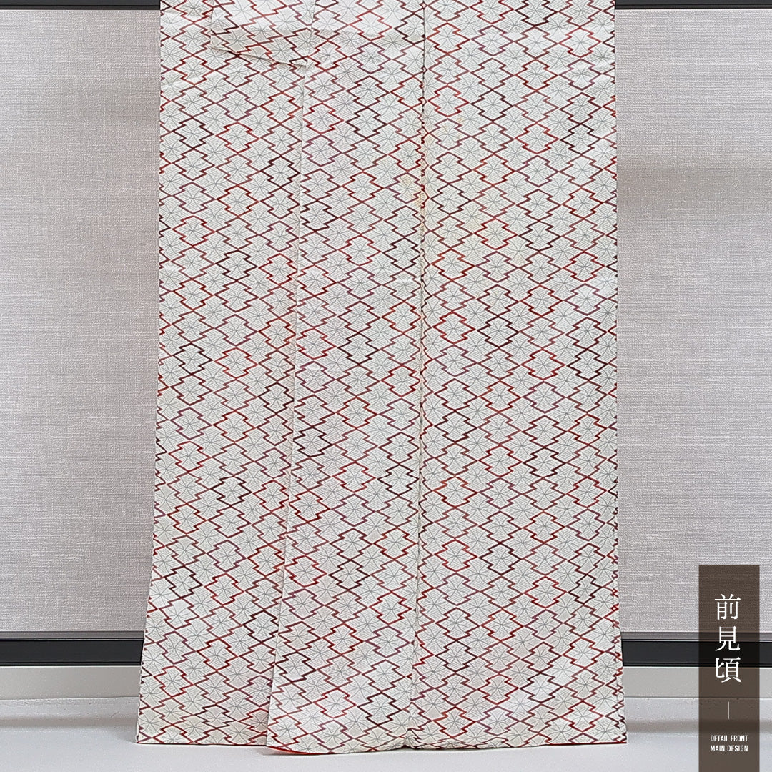 洗える着物 小紋 袷 身丈162cm 裄丈64cm ポリエステル Bランク インフォーマル 広衿 Lサイズ 七宝 松皮菱 白系 HP 1221-16113