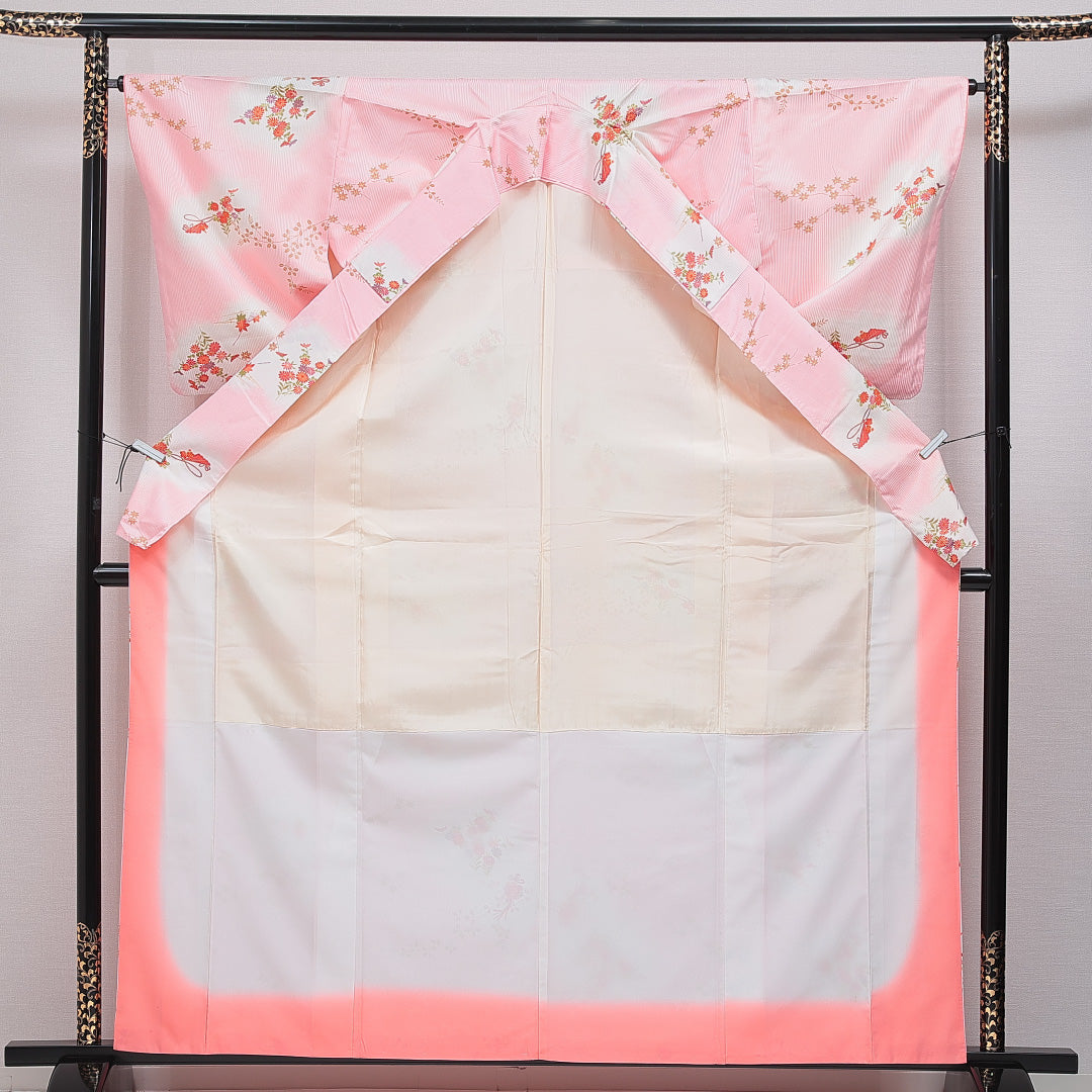 小紋 洗える着物 袷 身丈162cm 裄丈65cm ポリエステル Cランク Lサイズ 広衿 インフォーマル 菊 紅葉 ピンク系 1215-16054