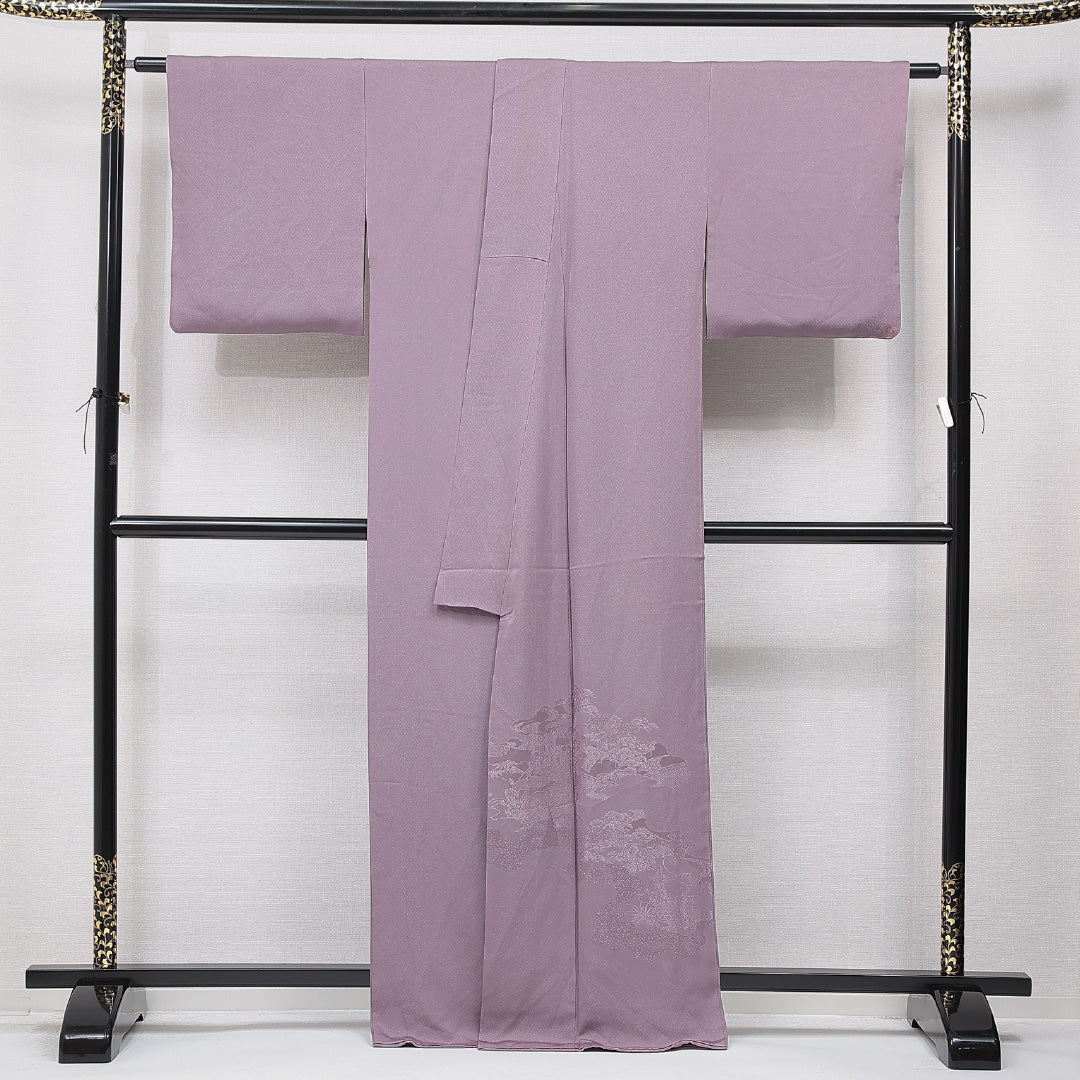 色無地 袷 身丈164cm 裄丈64cm 正絹 Aランク Lサイズ 広衿 一つ紋（五三桐） セミフォーマル 松 訪問着 紫系 1214-15667