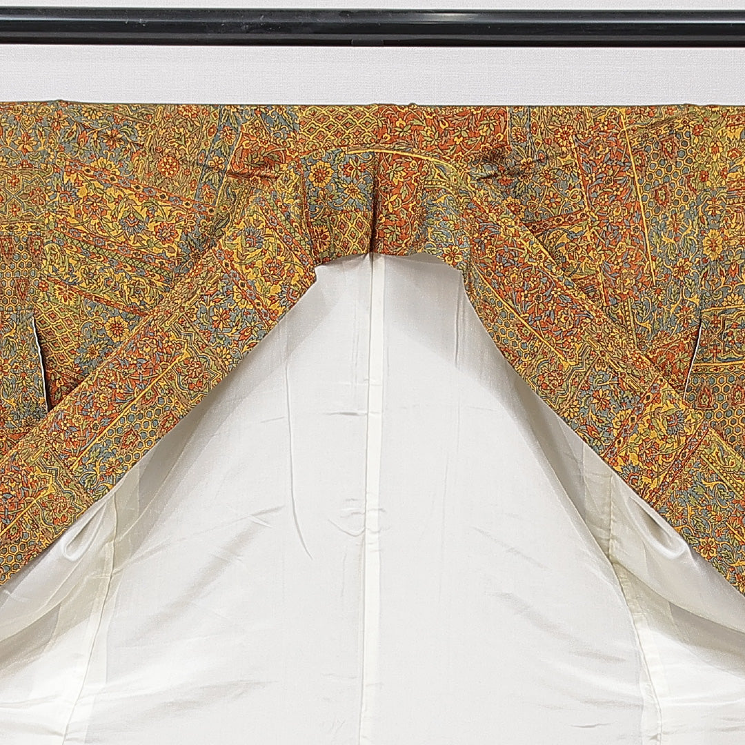 小紋 袷 身丈168cm 裄丈66cm 正絹 Sランク XLサイズ 広衿 インフォーマル 植物柄 多色系 黄系 1215-15657