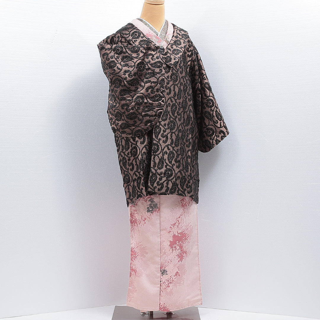 洗える着物 和装コート 袷 身丈87cm 裄丈66cm ポリエステル Sランク セミフォーマル Mサイズ 唐草 茶系 RP 1238-16202