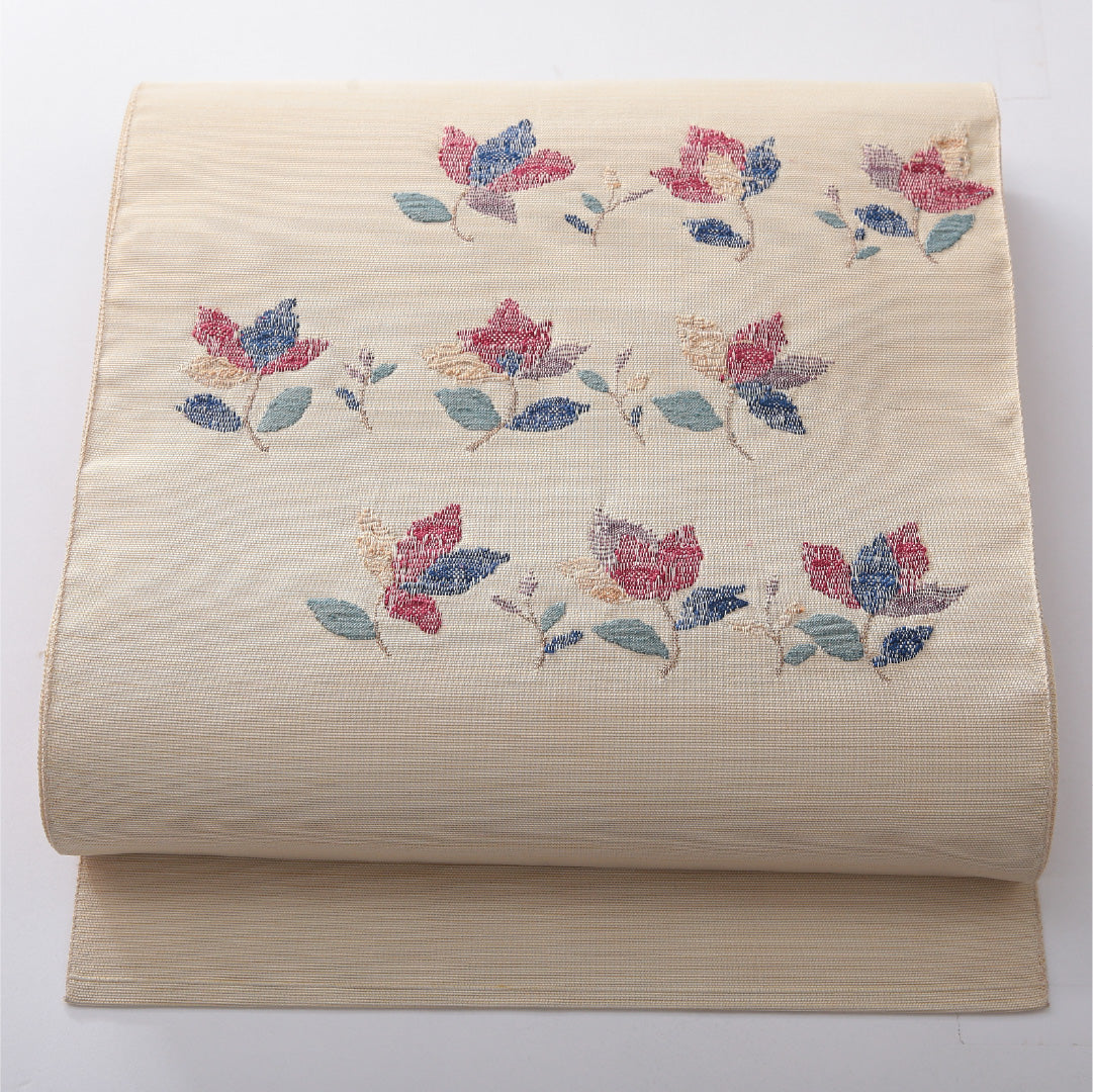 八寸名古屋帯 帯丈360cm カジュアル 松葉仕立て ポイント柄 Aランク 正絹 花柄 クリーム系 1224-03908