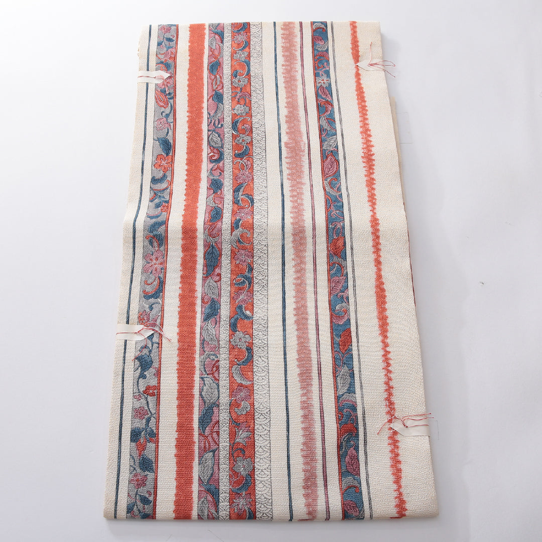 九寸名古屋帯 帯丈370cm インフォーマル 名古屋仕立て 全通 Cランク 正絹 染め帯 ちりめん 更紗 花柄 植物柄 クリーム系 1224-03907