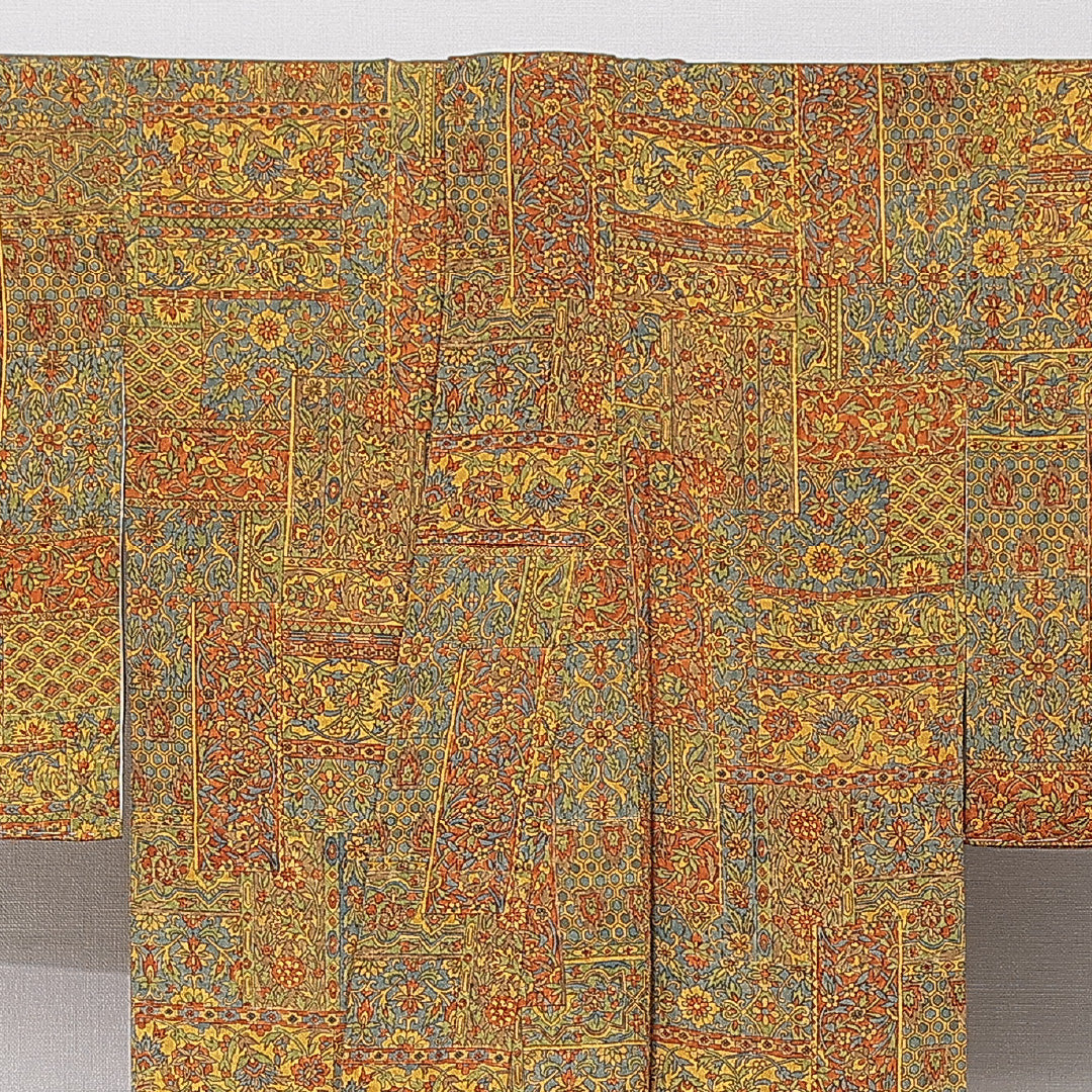 小紋 袷 身丈168cm 裄丈66cm 正絹 Sランク XLサイズ 広衿 インフォーマル 植物柄 多色系 黄系 1215-15657