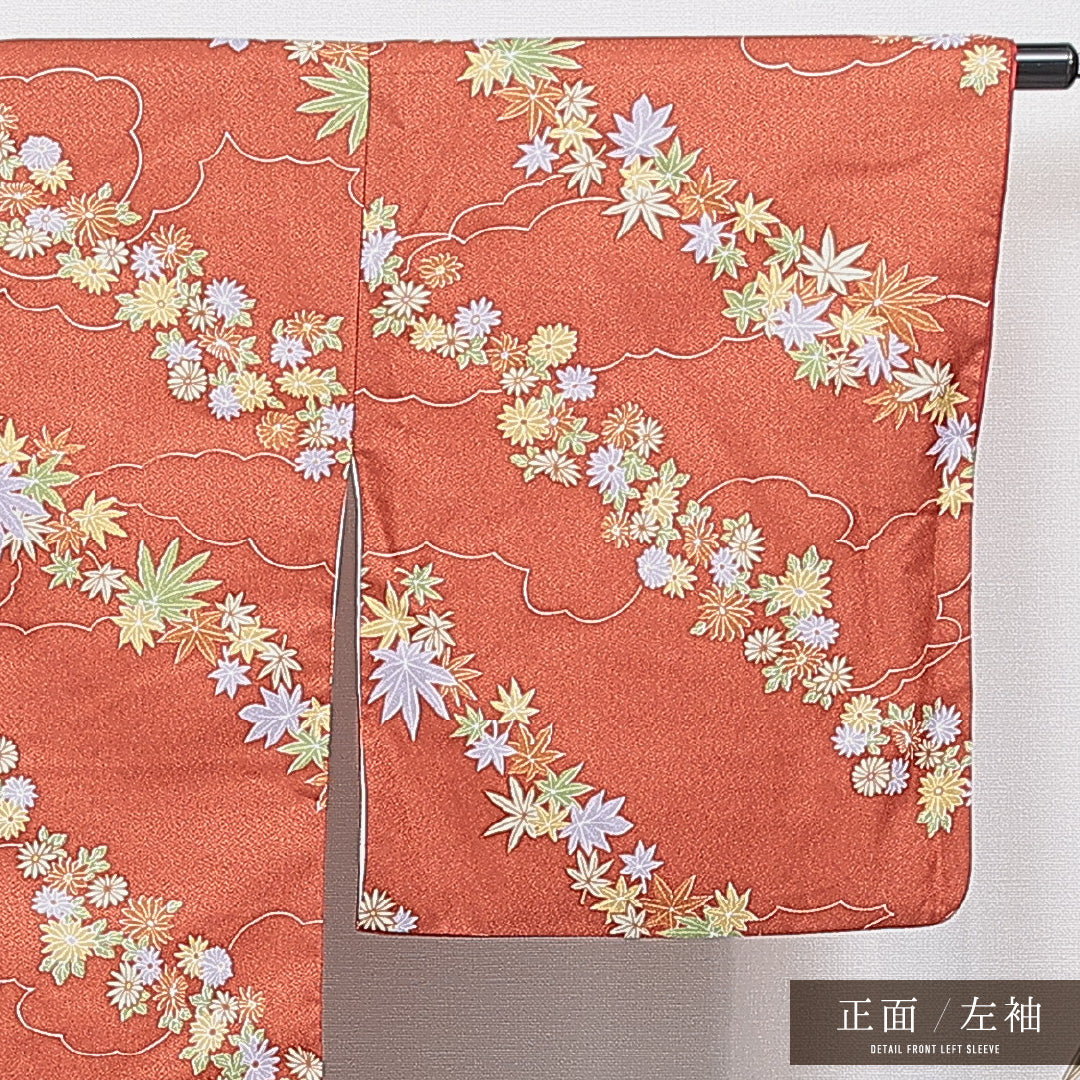 洗える着物 小紋 袷 身丈162cm 裄丈65cm ポリエステル Sランク インフォーマル 広衿 Lサイズ 菊 紅葉 朱系 RP 1221-16261