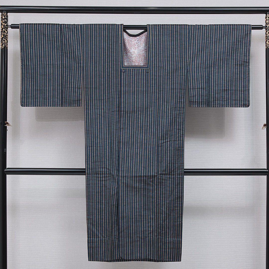 道行コート 単衣 身丈126cm 裄丈62cm 正絹 Sランク セミフォーマル Sサイズ ポケットあり 縞 紺系 RP 1237-16165