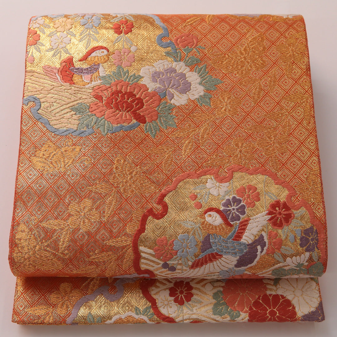 袋帯 帯丈428cm フォーマル 六通 Sランク 正絹 鳥 雪輪 金系 1223-01881