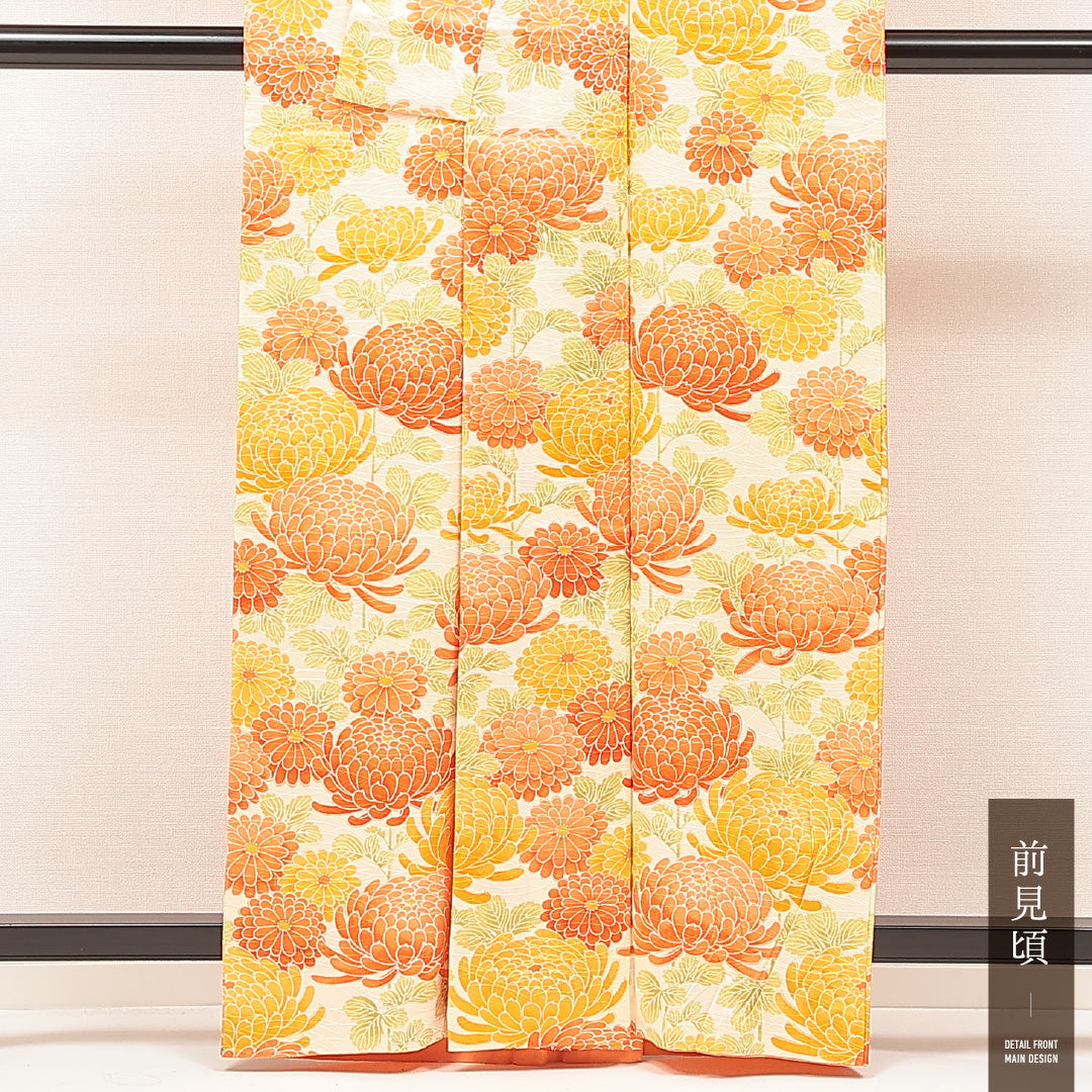 付下げ 洗える着物 袷 身丈161cm 裄丈65cm ポリエステル Aランク Lサイズ 広衿 インフォーマル 菊 小紋 クリーム系 1261-16876