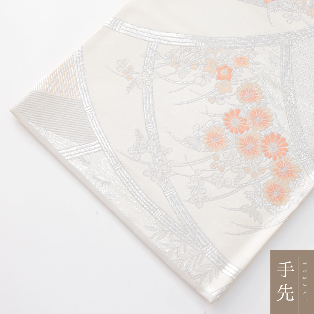 袋帯 帯丈416cm フォーマル 六通 帯芯なし Sランク 正絹 鳳凰 牡丹 クリーム系 1223-02284