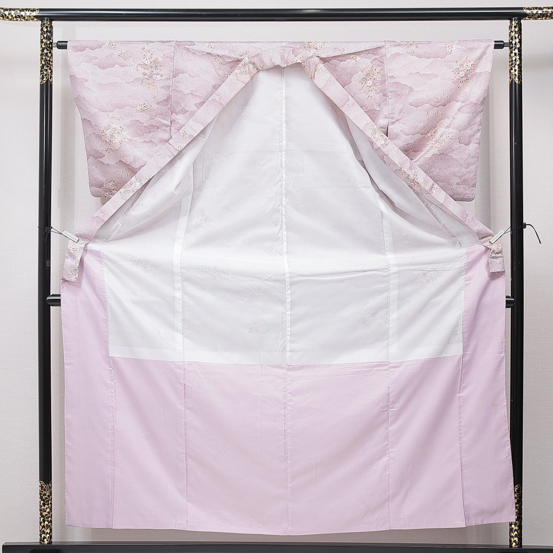 洗える着物 小紋 袷 身丈159cm 裄丈62cm ポリエステル Sランク インフォーマル バチ衿 Mサイズ 菊 紅葉 紫系 RP 1221-15829