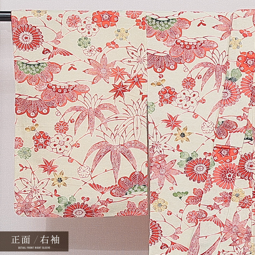 小紋 袷 身丈161cm 裄丈63cm 正絹 Cランク インフォーマル バチ衿 Lサイズ 菊 紅葉 緑系 HP 1221-15442