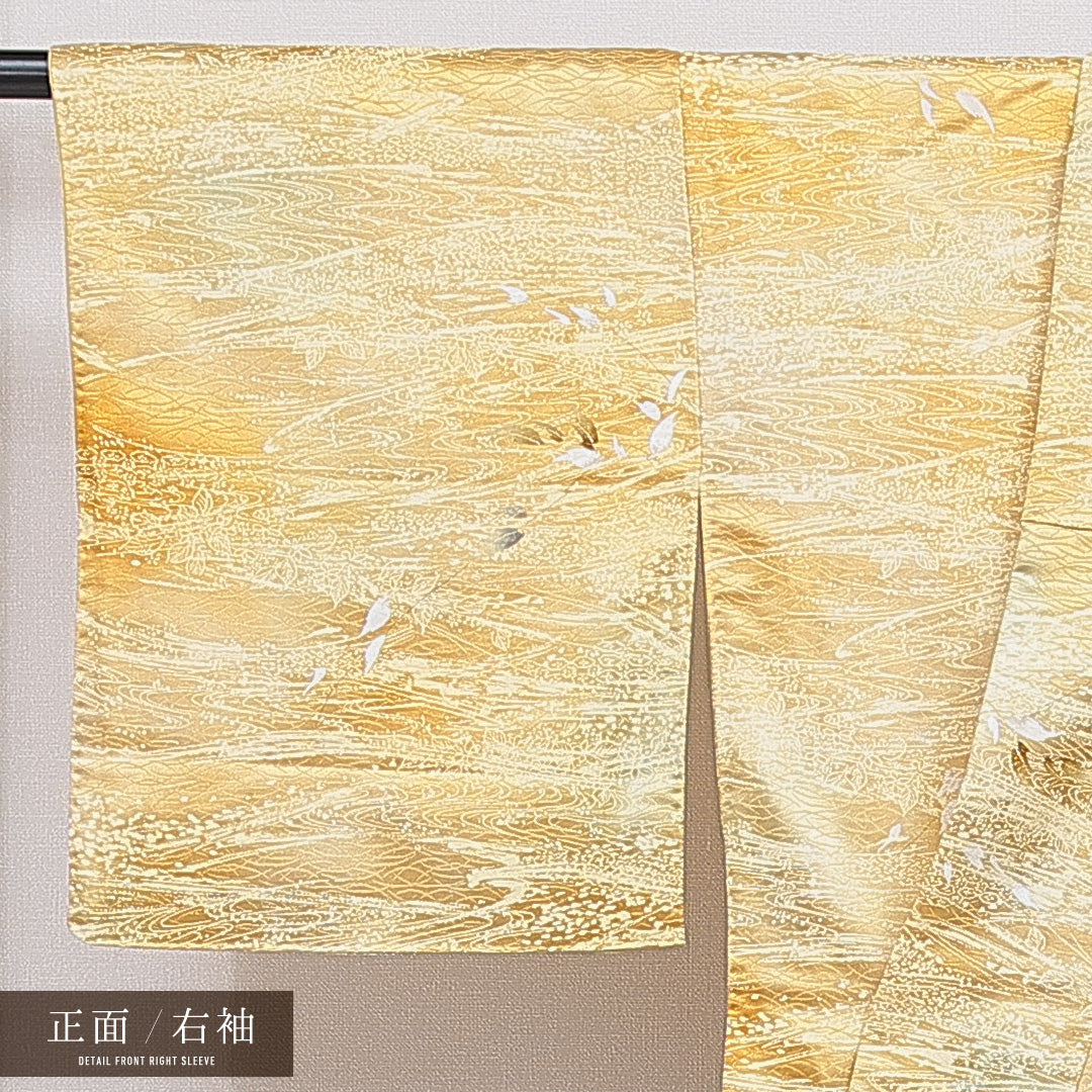 洗える着物 小紋 袷 身丈146cm 裄丈64cm ポリエステル Bランク インフォーマル 広衿 XSサイズ 流水 植物柄 黄系 HP 1221-16010
