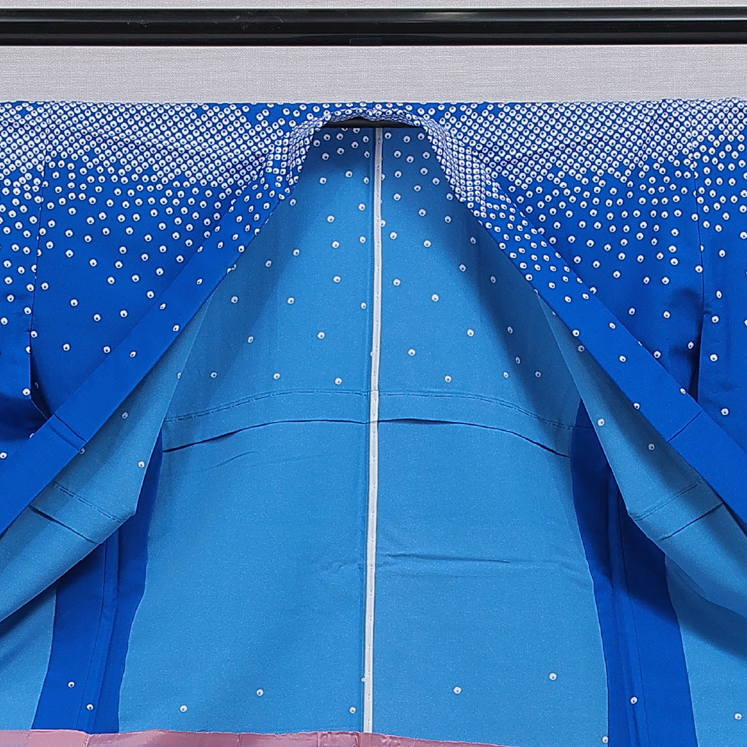 付下げ 洗える着物 胴抜き 身丈160cm 裄丈66cm ポリエステル Aランク Lサイズ バチ衿 インフォーマル 鹿の子 創作柄 青系 1261-16356