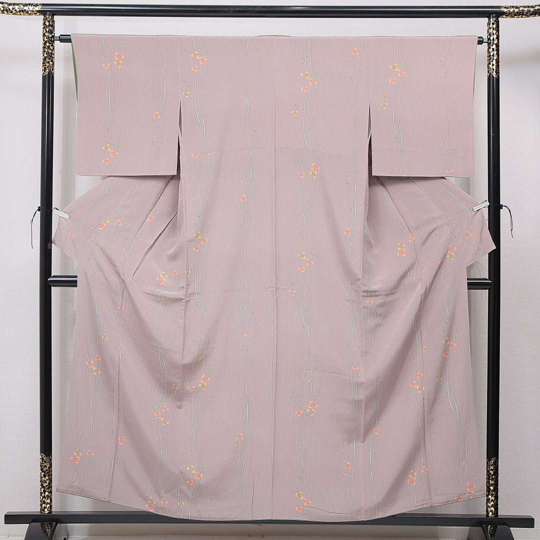 小紋 袷 身丈156cm 裄丈62cm 正絹 Sランク Mサイズ 広衿 インフォーマル 植物柄 グレー系 1215-15644