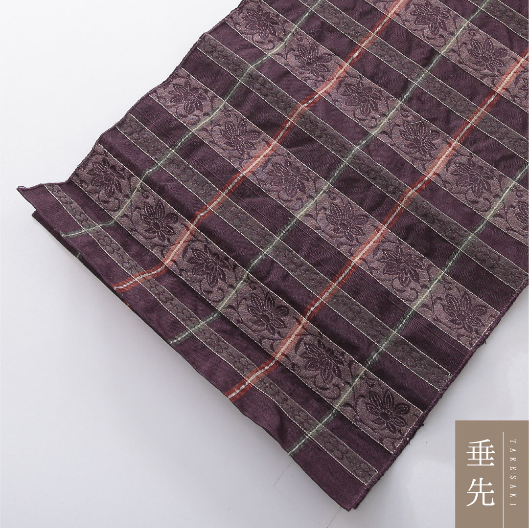 八寸名古屋帯 帯丈306cm カジュアル 開き仕立て 全通 Aランク 正絹 ふくれ織 唐華 紫系 1224-03921