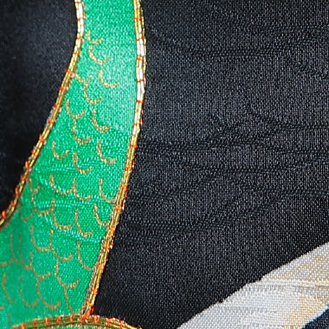 訪問着 洗える着物 袷 身丈164cm 裄丈63cm ポリエステル Sランク Lサイズ バチ衿 セミフォーマル 孔雀 金駒刺繍 黒系 1212-16287