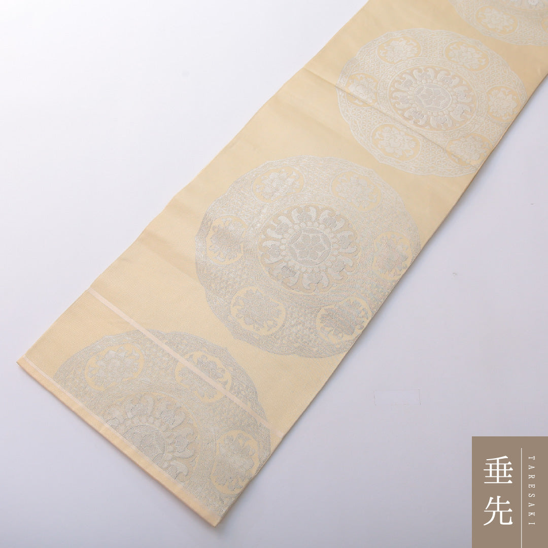 袋帯 帯丈418cm 正絹 全通 フォーマル 鏡裏文 黄系 1243-01996