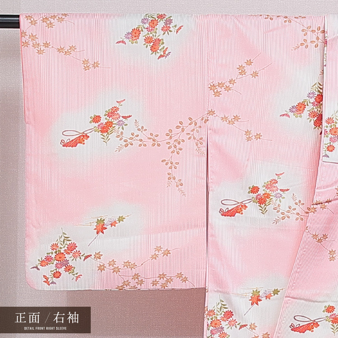 小紋 洗える着物 袷 身丈162cm 裄丈65cm ポリエステル Cランク Lサイズ 広衿 インフォーマル 菊 紅葉 ピンク系 1215-16054