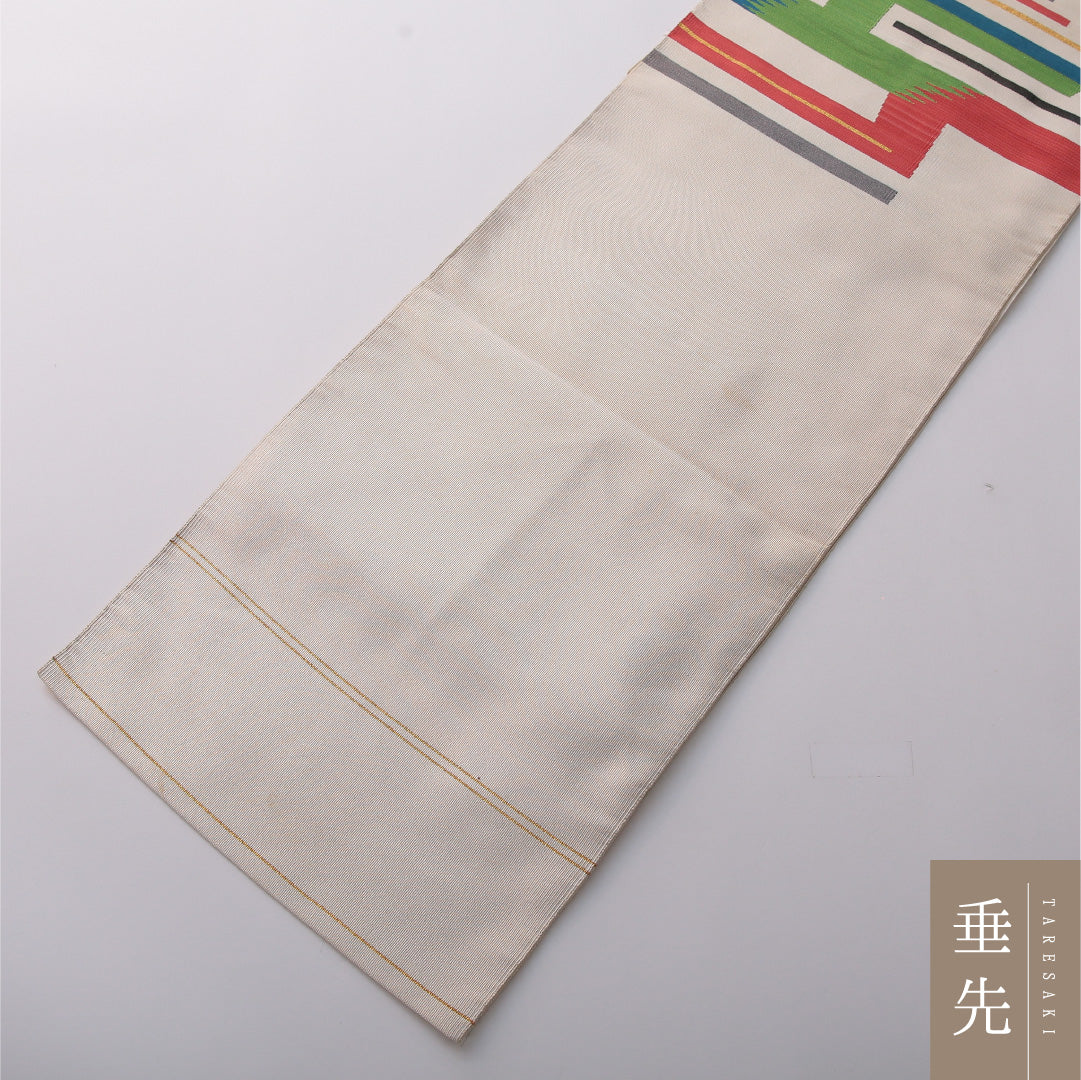 八寸名古屋帯 Cランク 帯丈387cm 正絹 ポイント柄 松葉仕立て 織り カジュアル 創作柄 クリーム系 HP 1245-03397