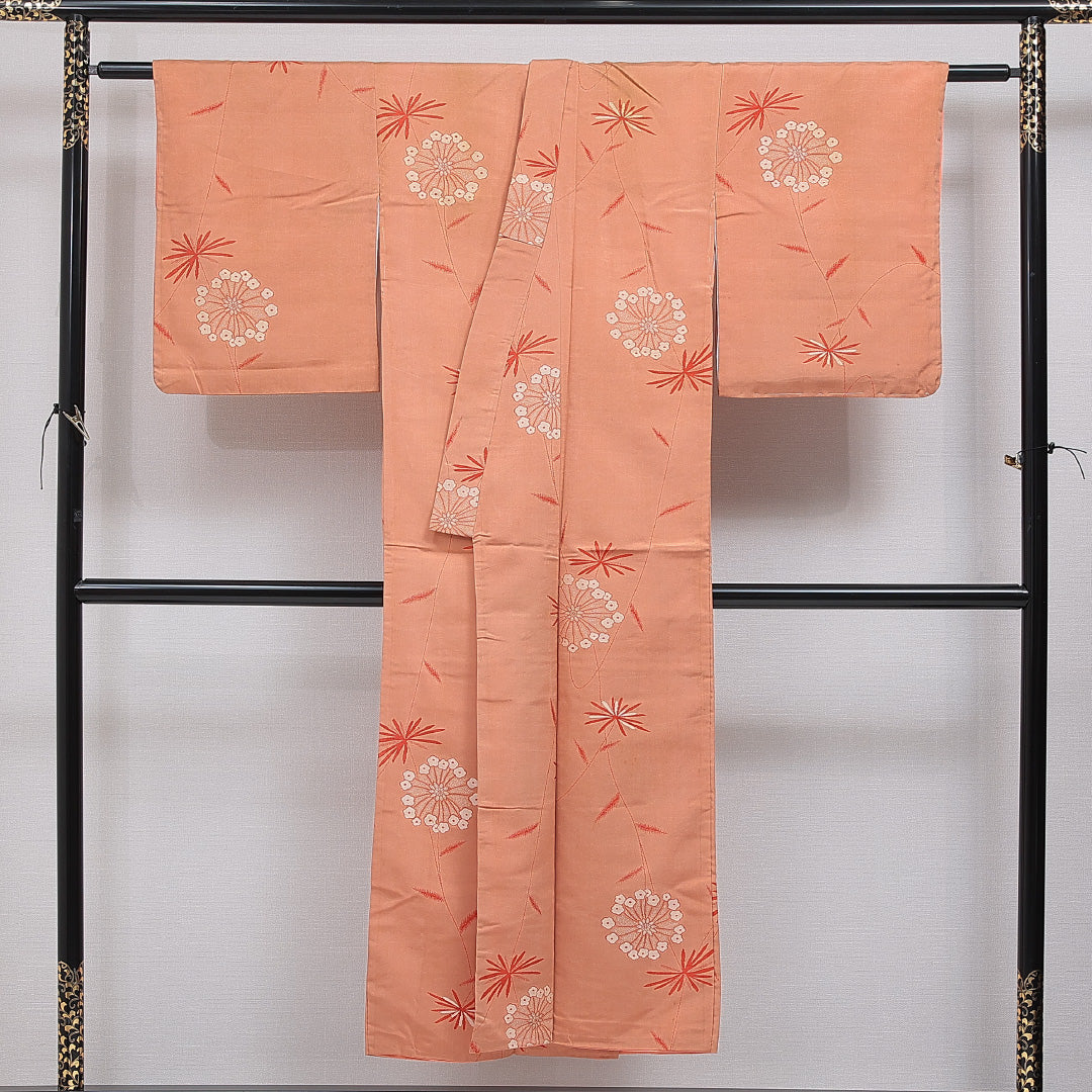 アンティーク 紬 袷 身丈146cm 裄丈62cm 正絹 Bランク バチ衿 XSサイズ 花柄 朱系 RP 1223-16064