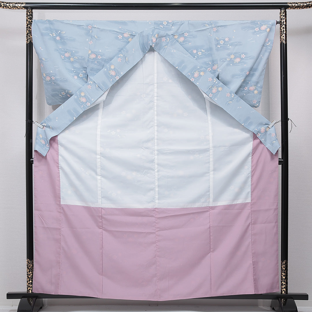 小紋 洗える着物 袷 身丈164cm 裄丈68cm ポリエステル Sランク Lサイズ 広衿 インフォーマル 梅 紅葉 水色系 1215-15796