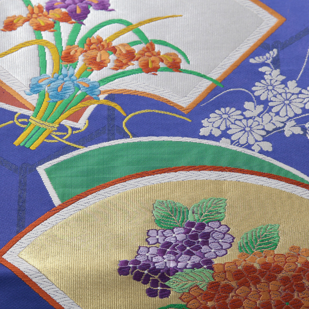 新古品 袋帯 帯丈432cm フォーマル 六通 Nランク 正絹 唐織 扇 紫陽花 しつけ糸 朱系 1223-02081